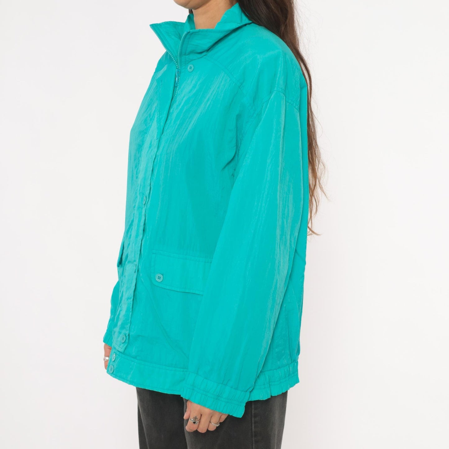90s Koret Francisca Teal Windbreaker Jacket Raglan Snap Placket Large L
