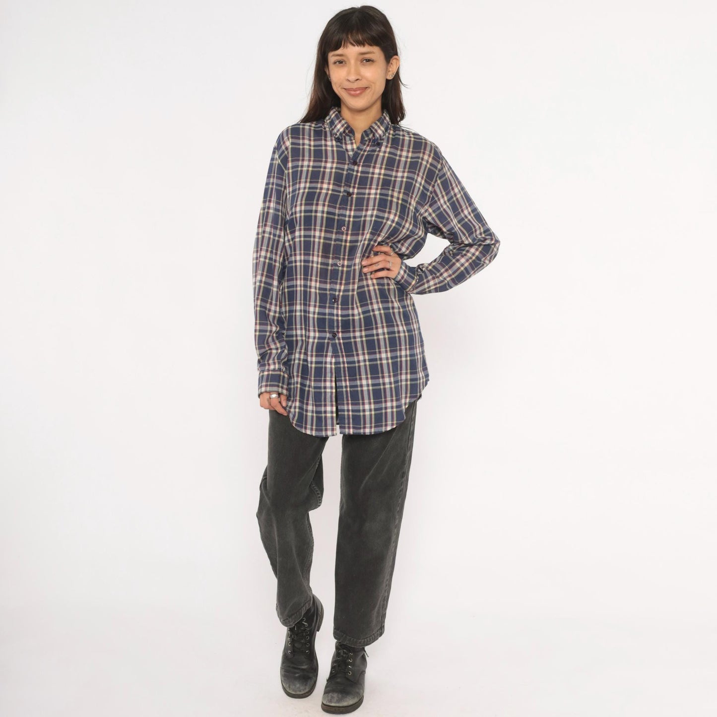 80s Men's Store Plaid Flannel Shirt Navy Blue Red Check Button Front Medium
