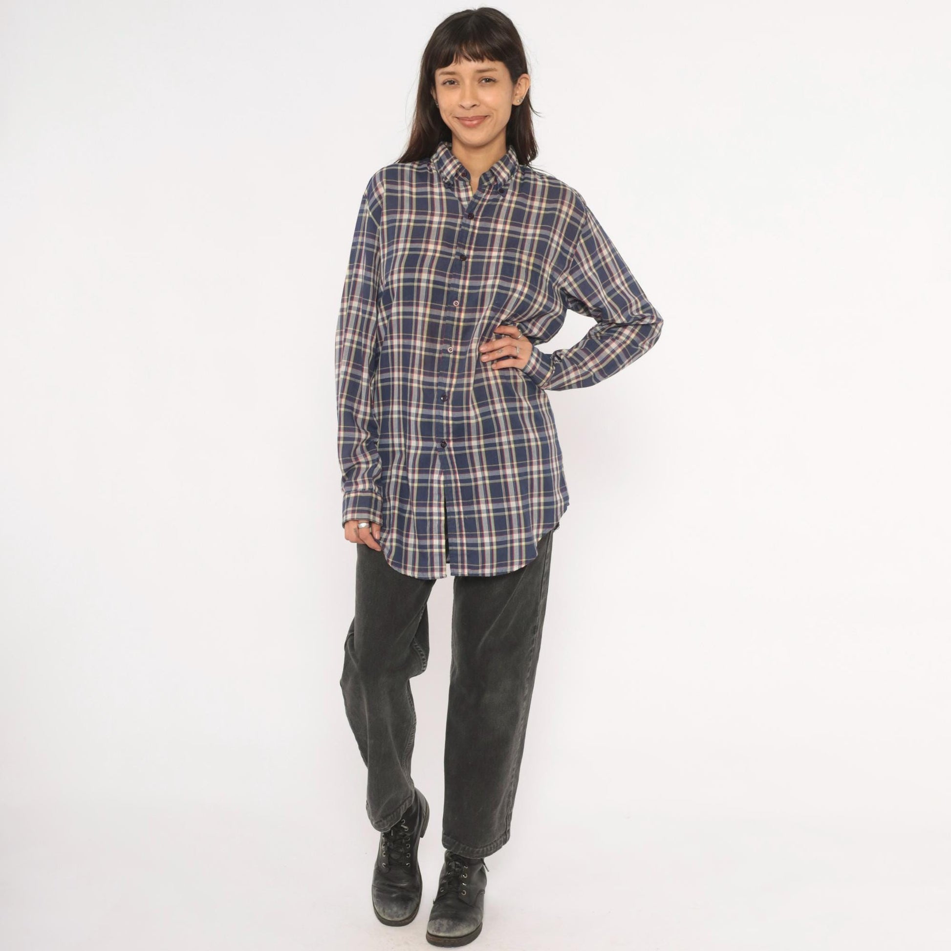 80s Men's Store Plaid Flannel Shirt Navy Blue Red Check Button Front Medium