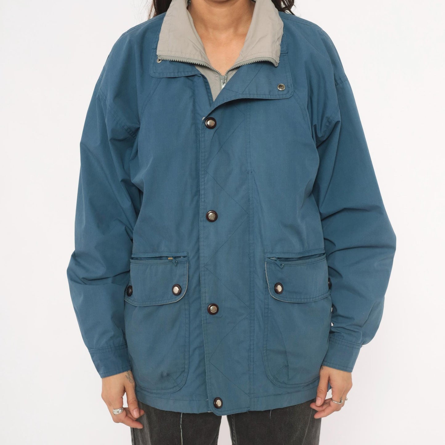 80s Whitefish Bay Slate Blue Field Jacket Grey Lined Utility Coat Small S