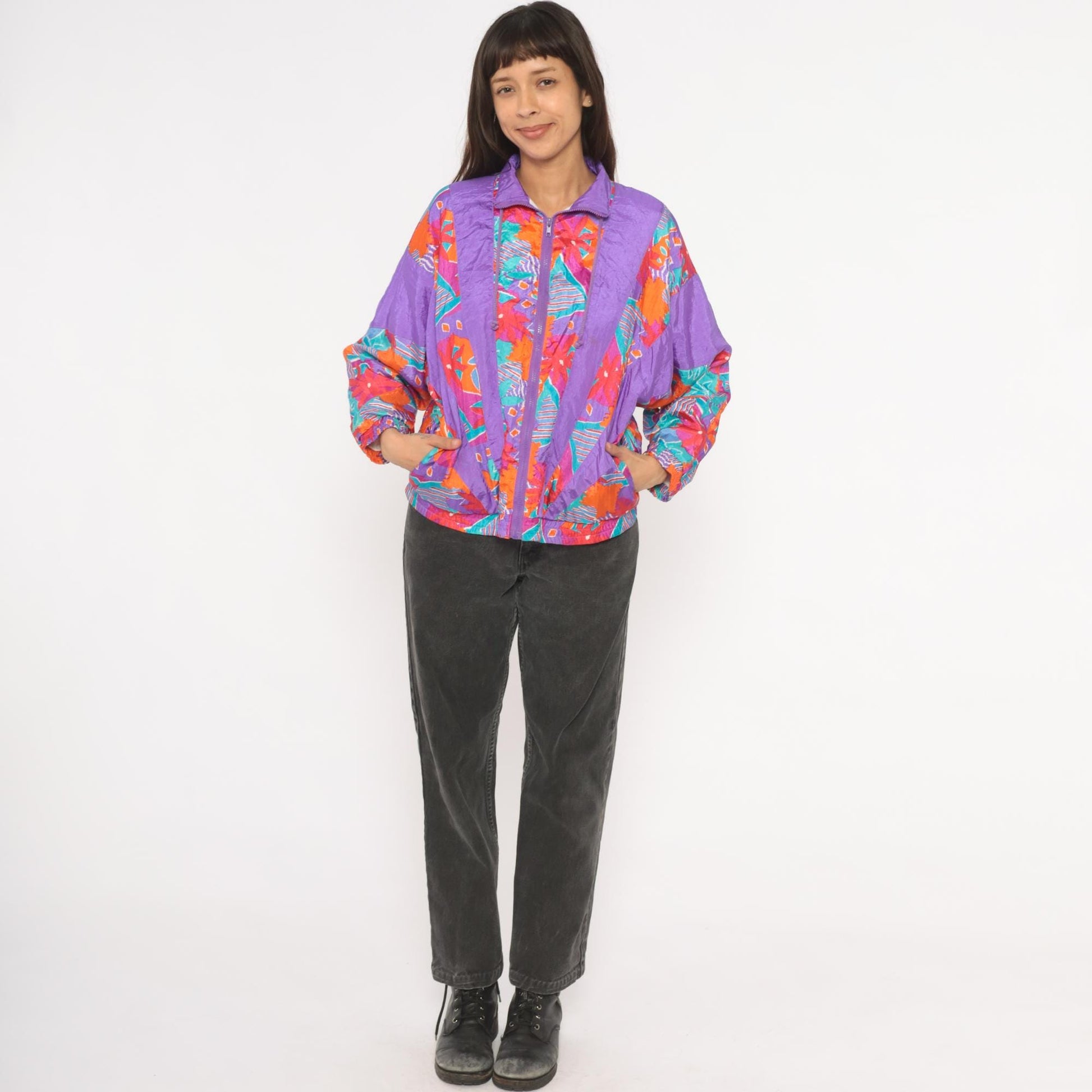 90s Aviat Sportif Windbreaker Purple Geometric Floral Print Small