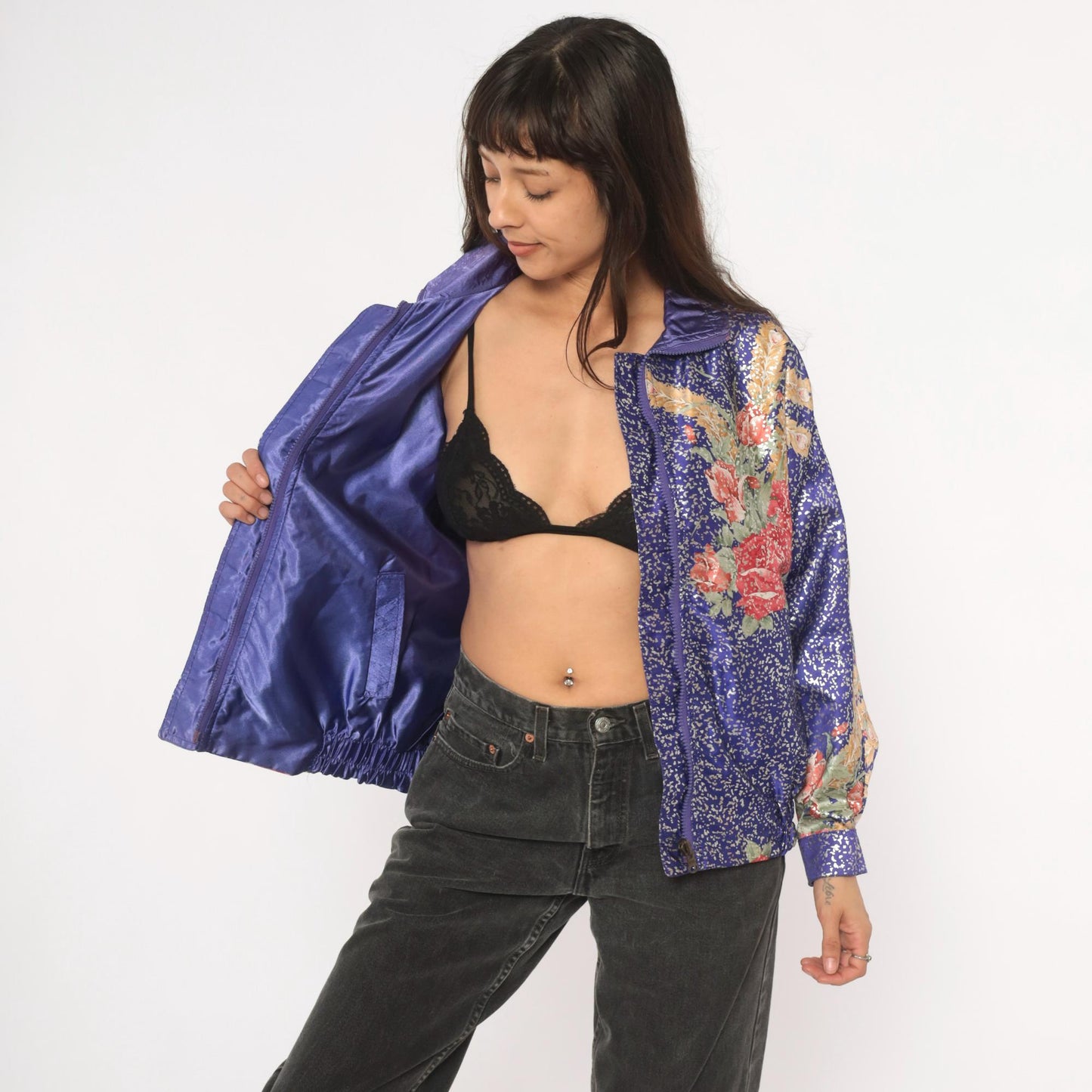 90s GDT Too Floral Metallic Bomber Jacket Purple Gold Reversible Satin Small Medium