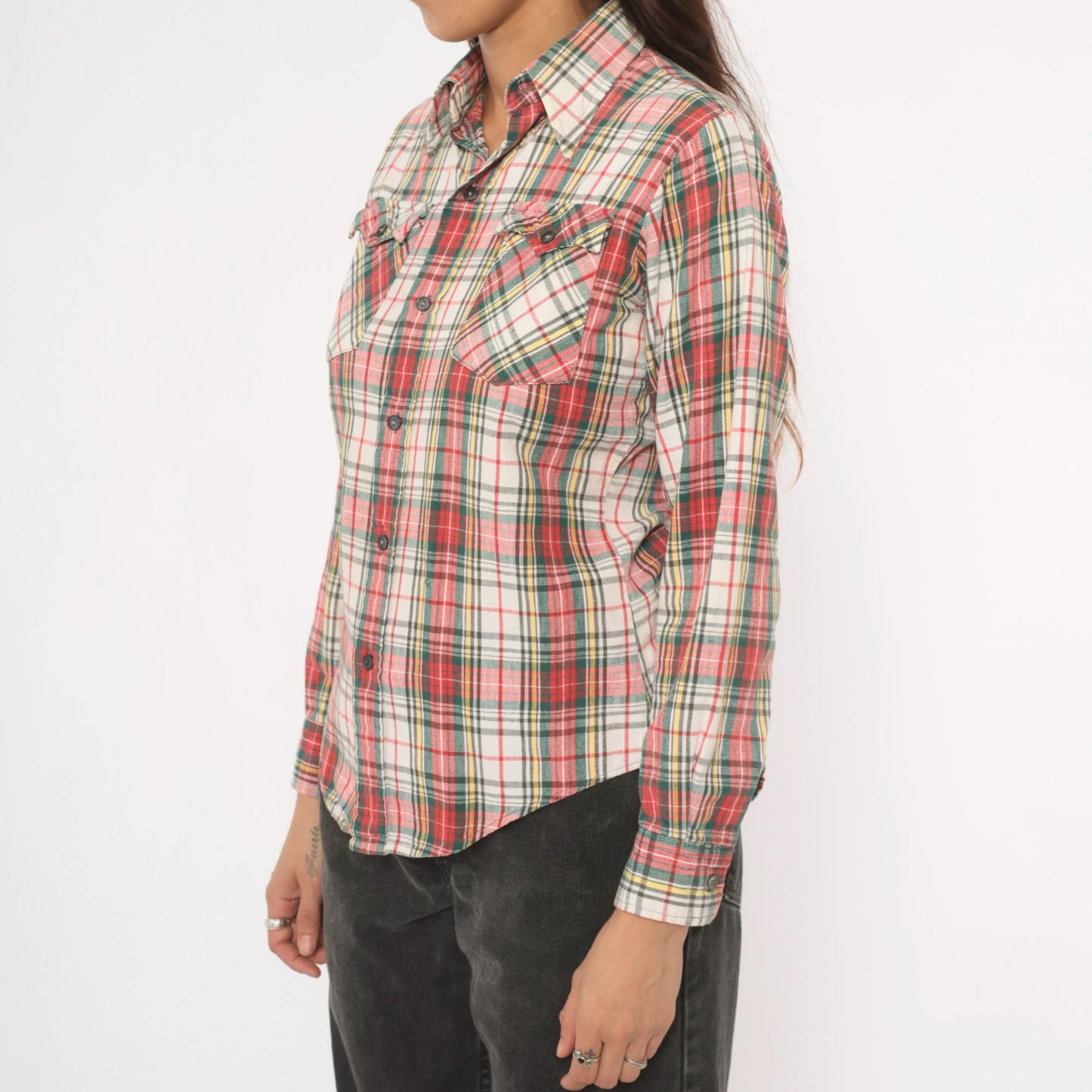 80s Medalist Plaid Flannel Shirt Red Green Tartan Button Front XS