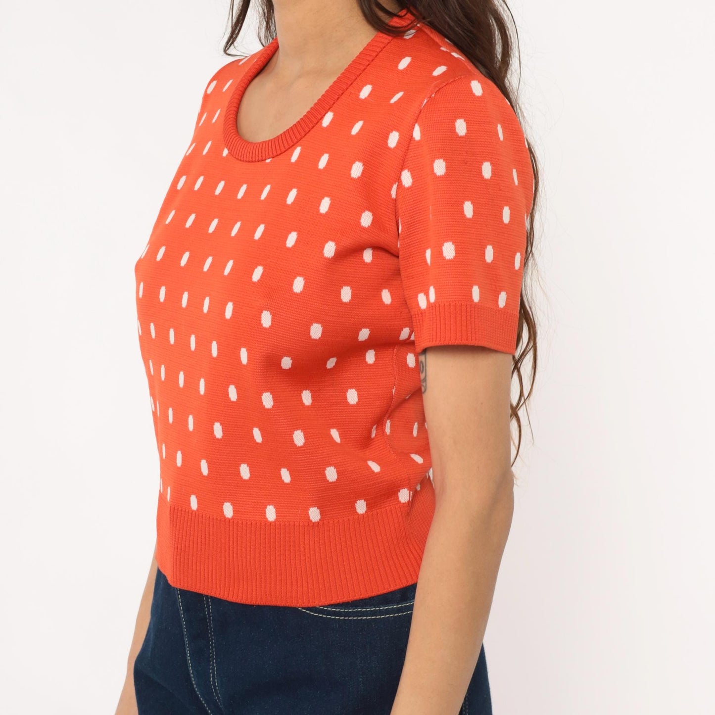 70s Coral Polka Dot Sweater Top Short Sleeve Cropped Knit Zip Back Medium