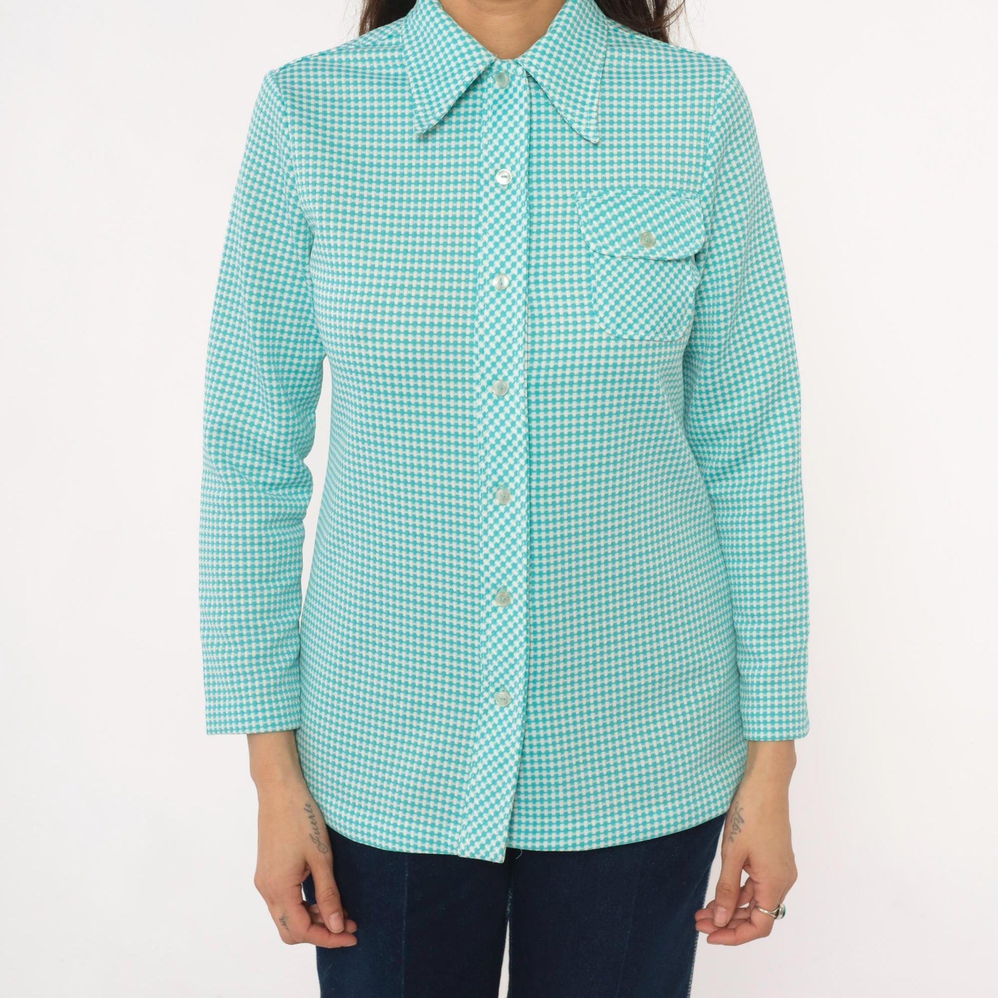 70s Turquoise Gingham Button-Front Shirt Chest Pocket Long Sleeve Small