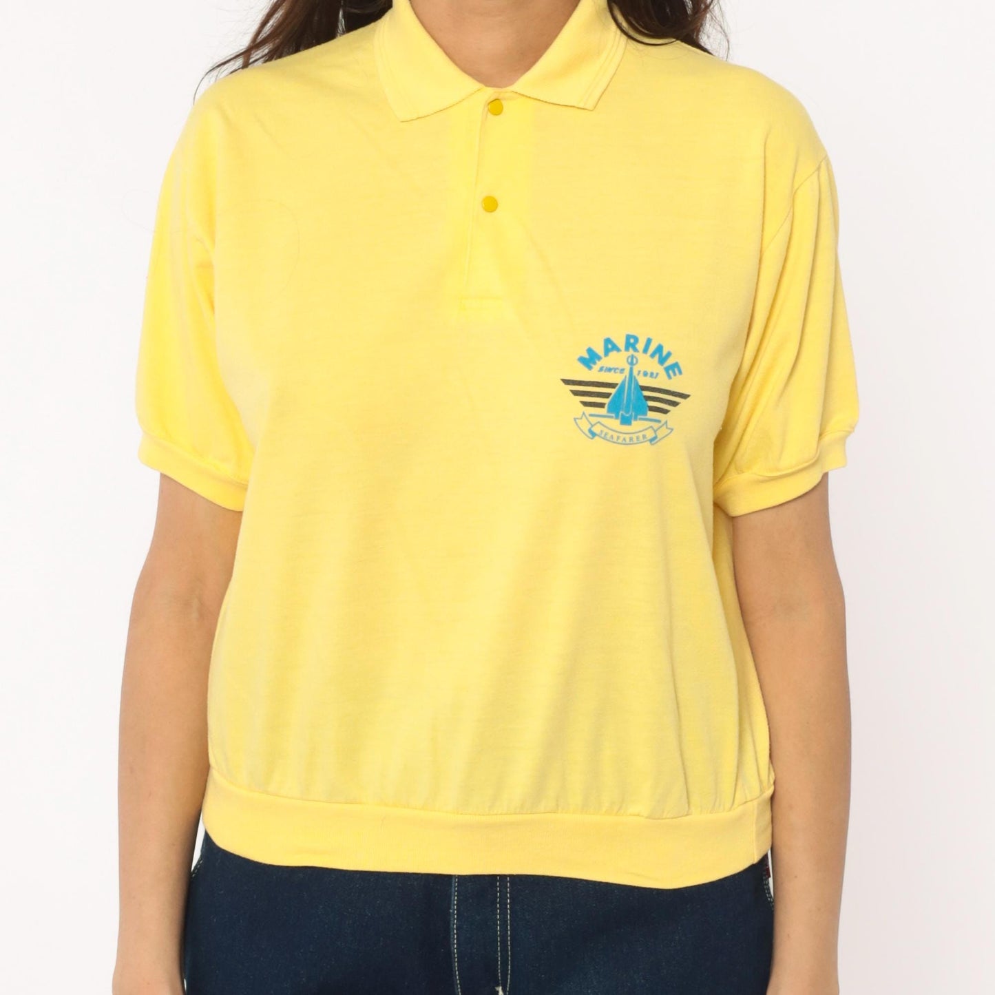 80s Yellow Polo Shirt Marine Seafarer Sailboat Graphic Collared Medium