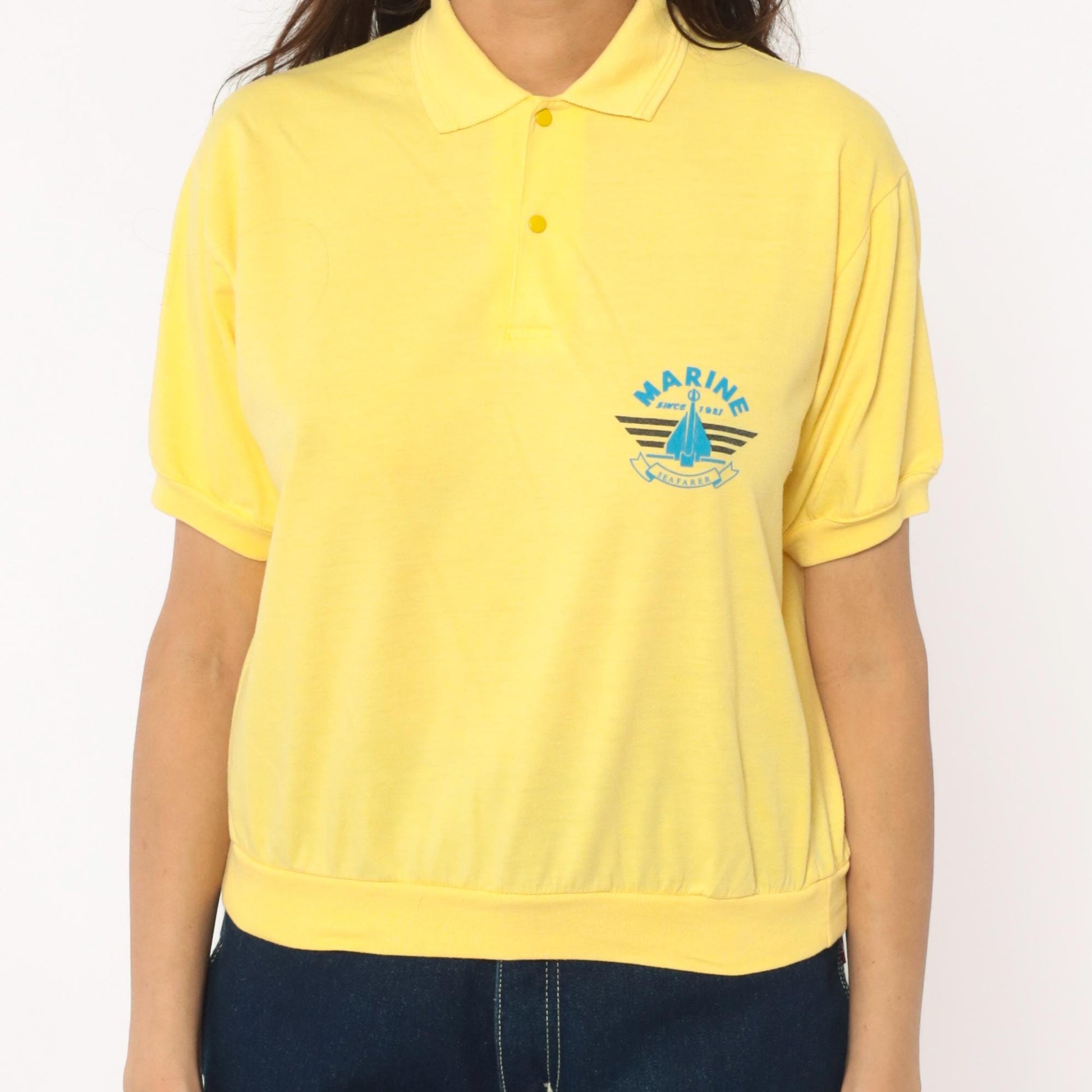 80s Yellow Polo Shirt Marine Seafarer Sailboat Graphic Collared Medium