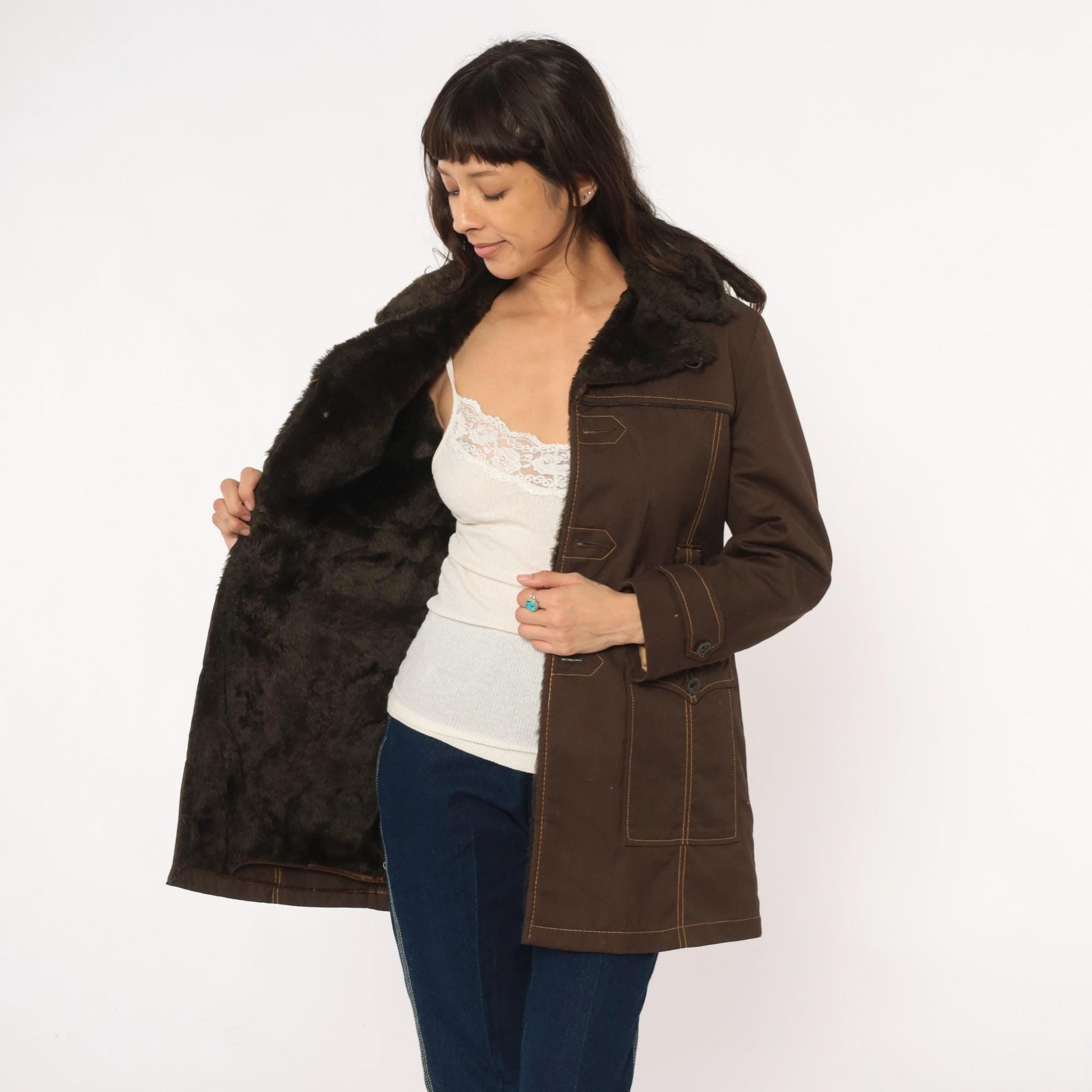 70s McGrégor Brown Parka Detachable Hood Faux Fur Collar Small