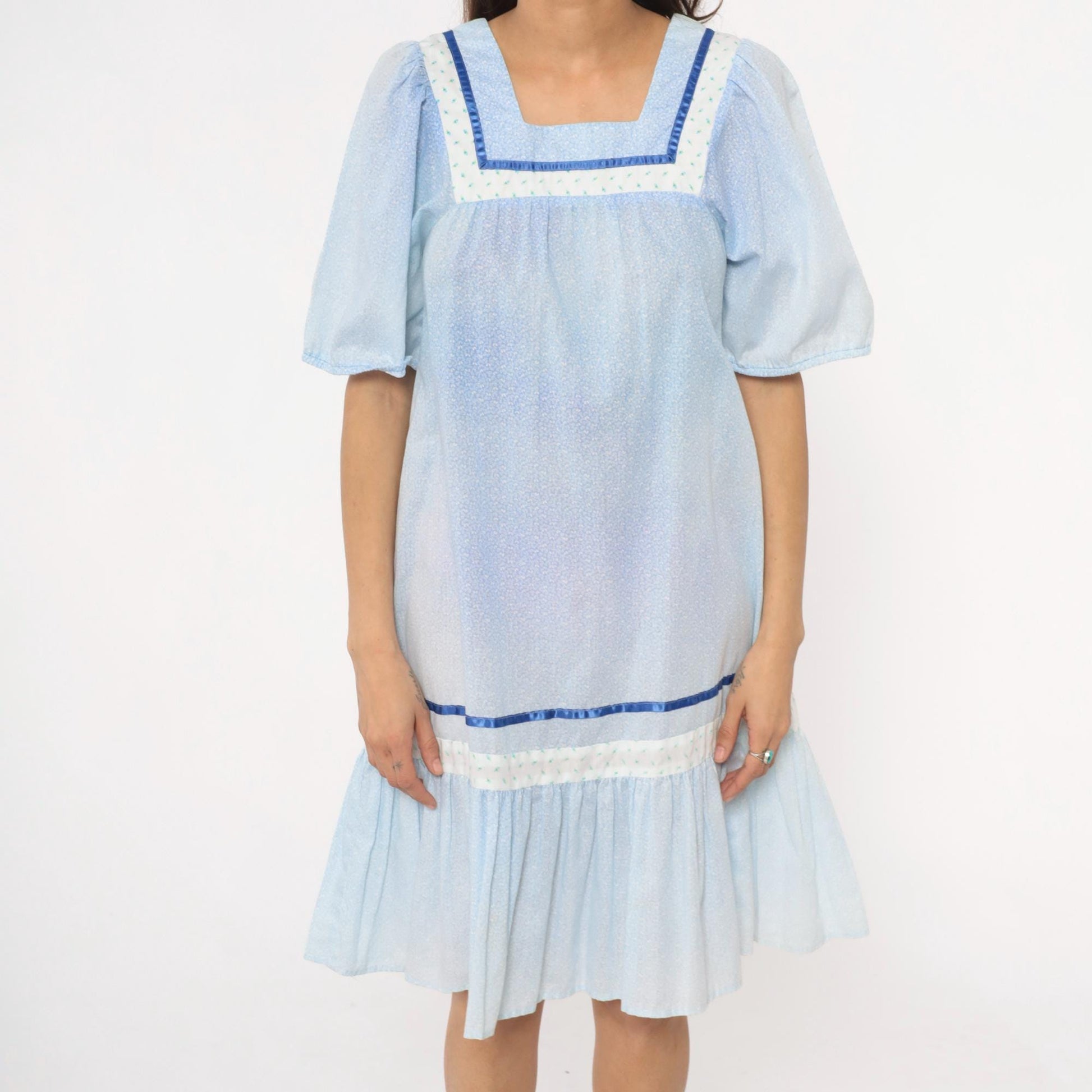 80s Light Blue Hawaiian Dress Cotton Puff Sleeve Square Neck Empire Waist Extra Small