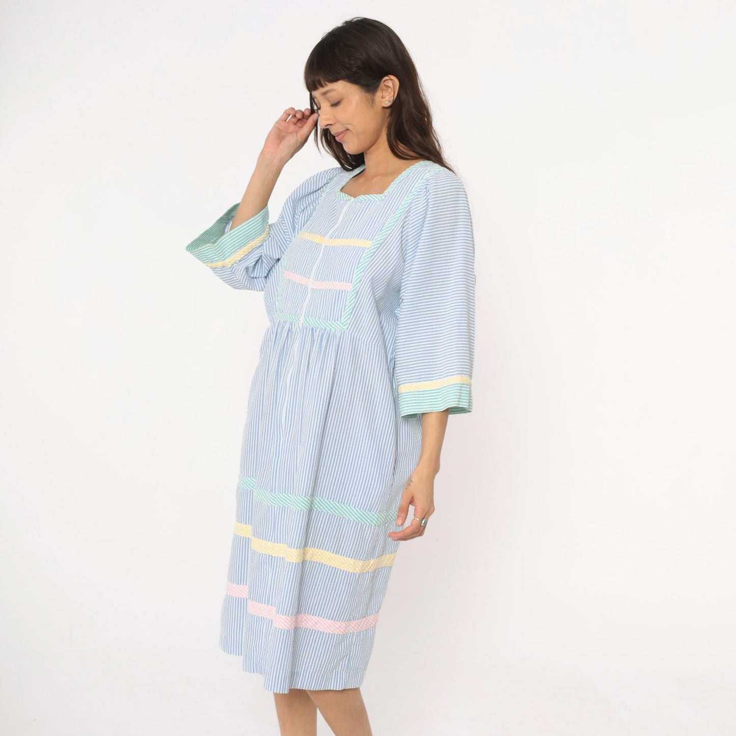 80s Saybury Seersucker Striped Dress Blue White Rickrack Trim Large