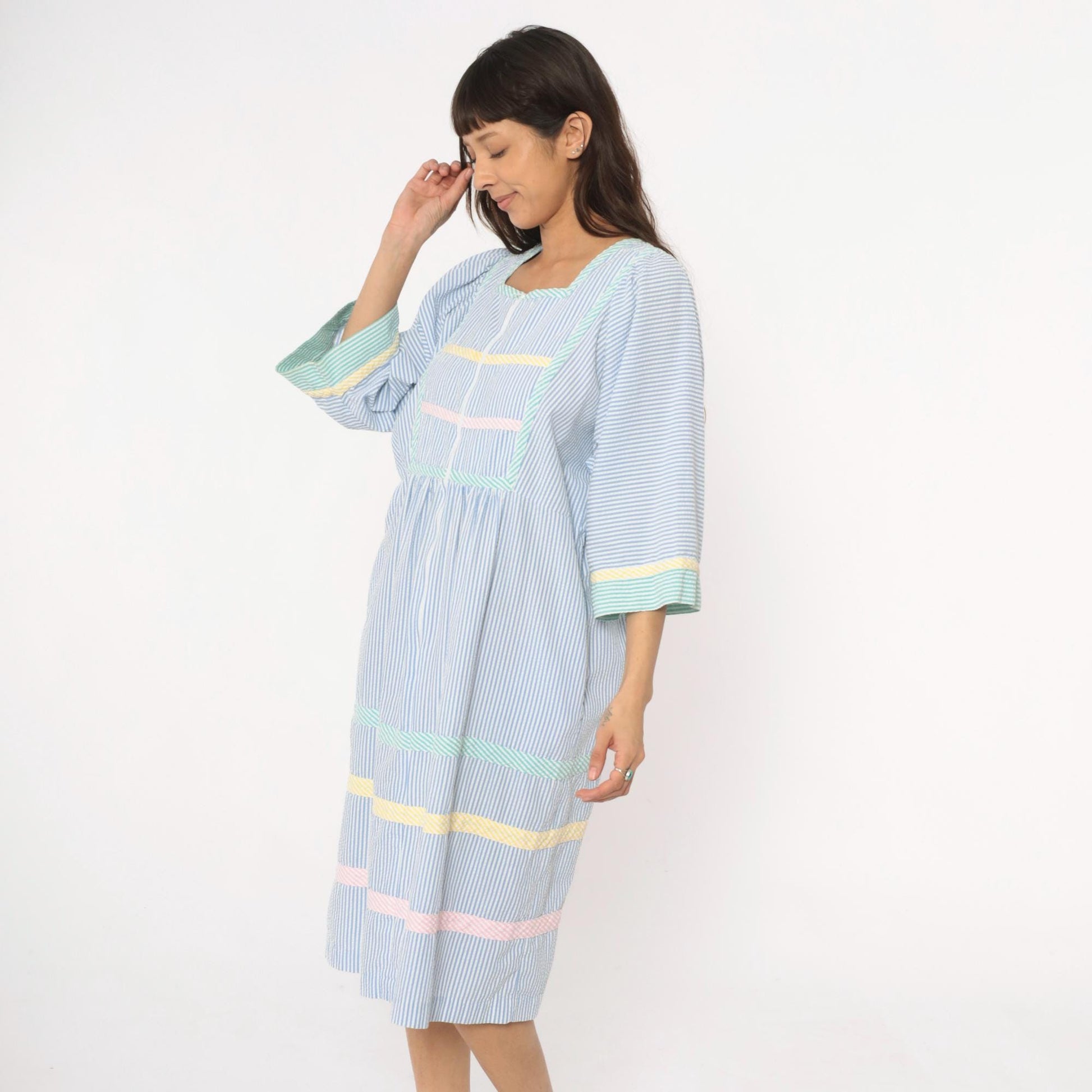 80s Saybury Seersucker Striped Dress Blue White Rickrack Trim Large