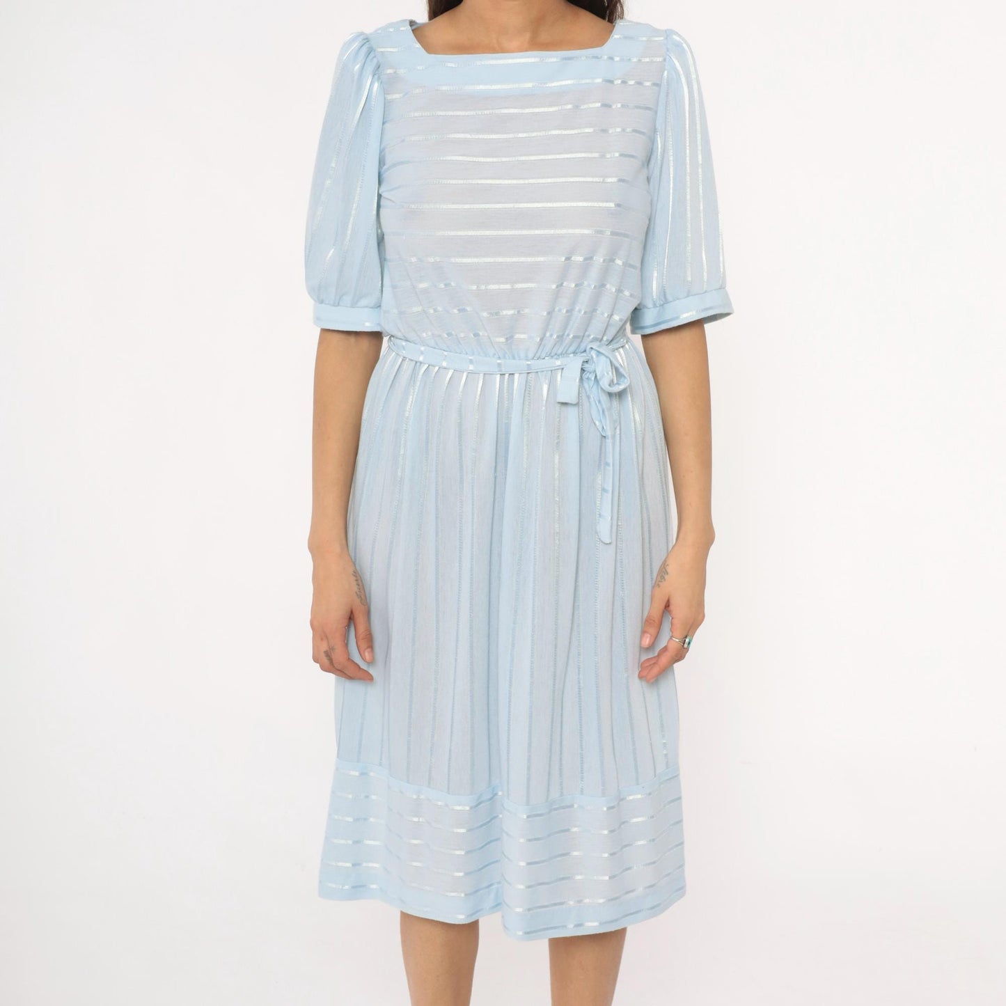 80s Baby Blue Striped Midi Dress Puff Sleeve Boat Neck Cotton Medium