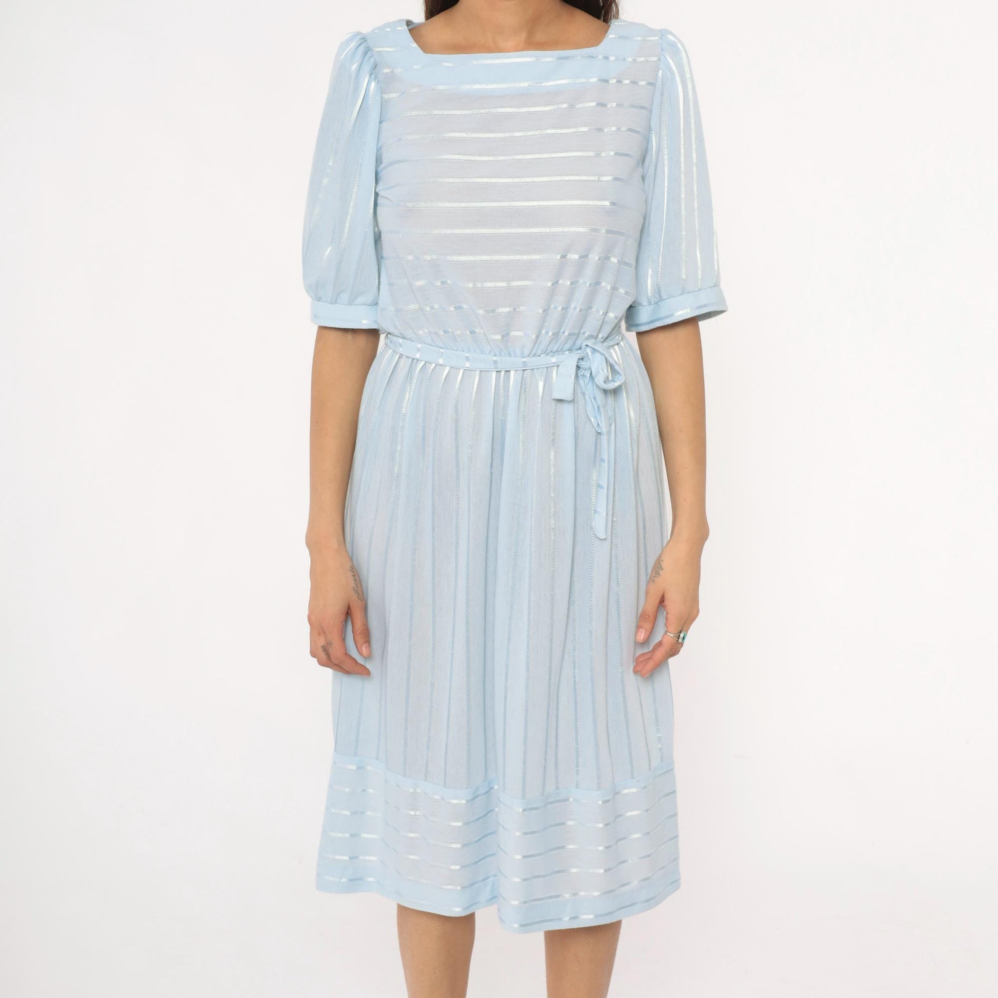80s Baby Blue Striped Midi Dress Puff Sleeve Boat Neck Cotton Medium