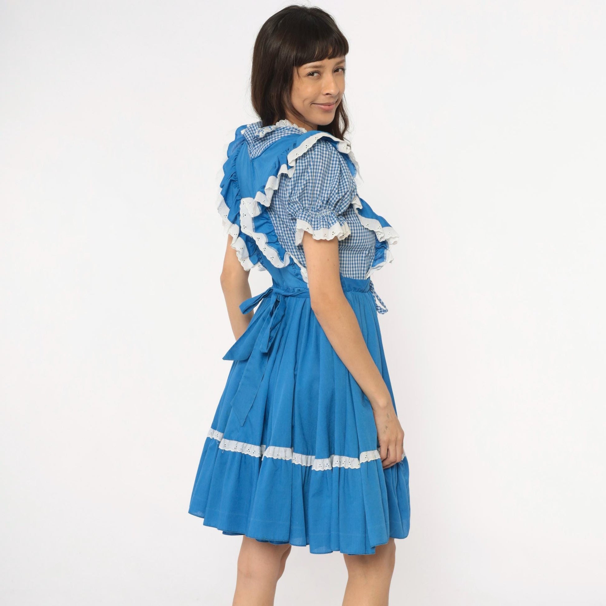 80s Jeri Bee Blue Gingham Pinafore Dress Eyelet Lace Puff Sleeve Small Medium