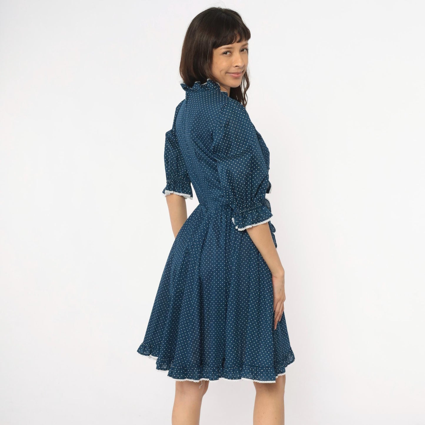 80s Navy Polka Dot Square Dance Dress White Eyelet Ruffle Cotton Small