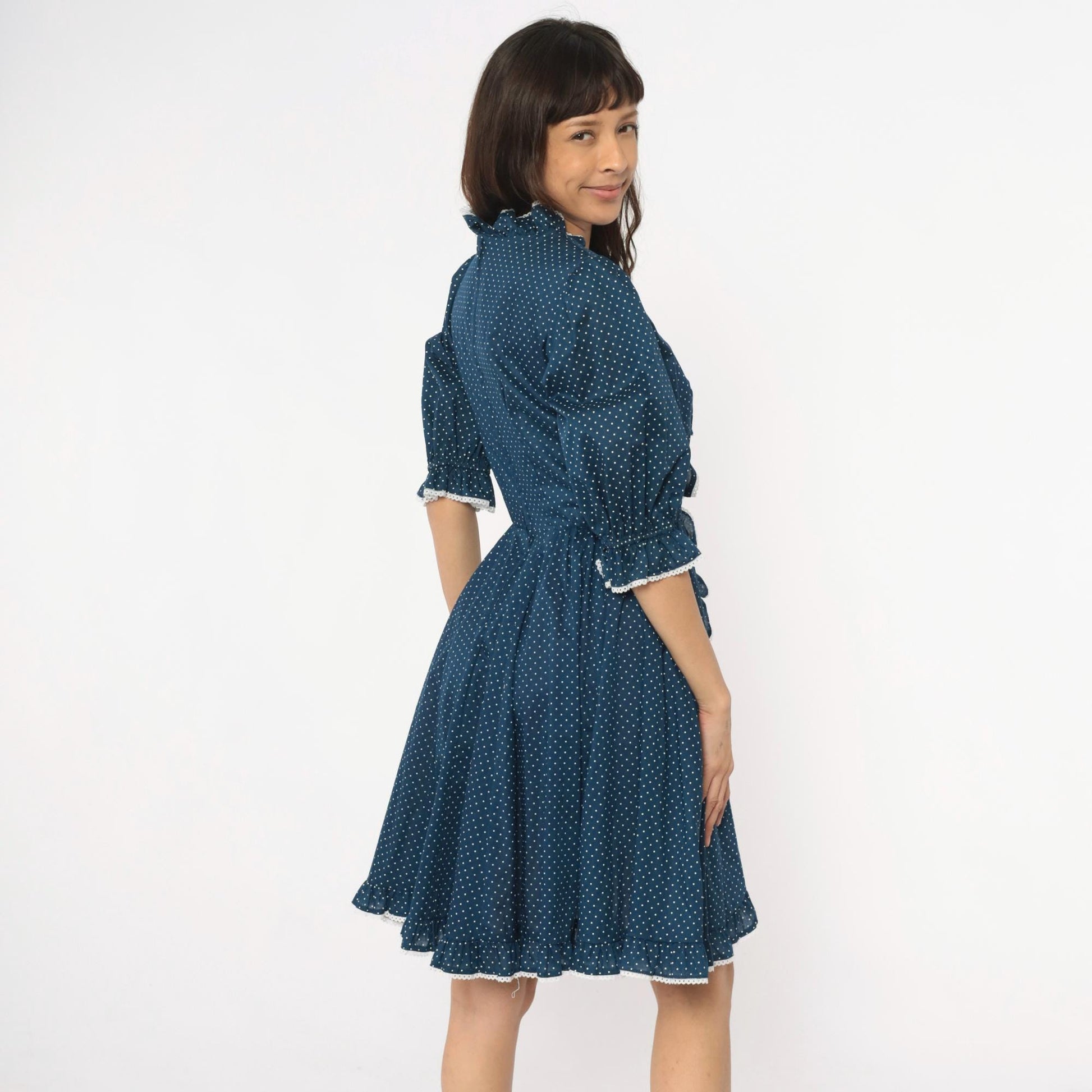 80s Navy Polka Dot Square Dance Dress White Eyelet Ruffle Cotton Small