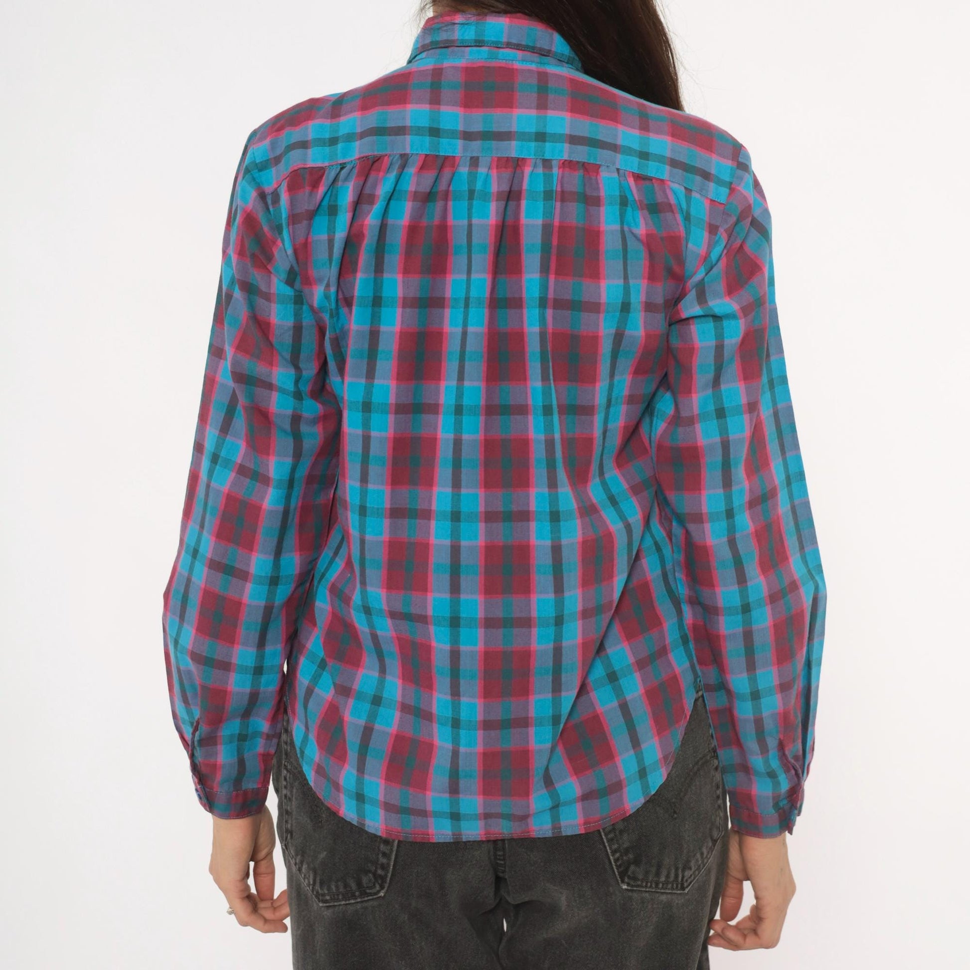 80s Quality Fashion Plaid Button-Up Blouse Teal Magenta Check Pointed Collar Large L