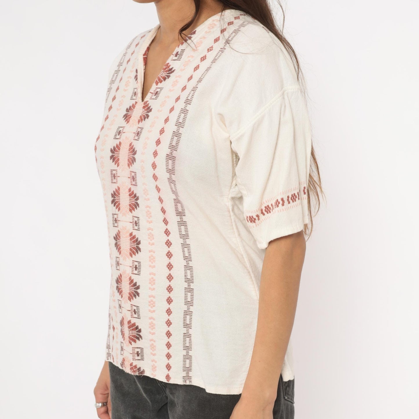 90s Cream Embroidered Blouse Cotton V-Neck Puff Sleeve Pullover Small S