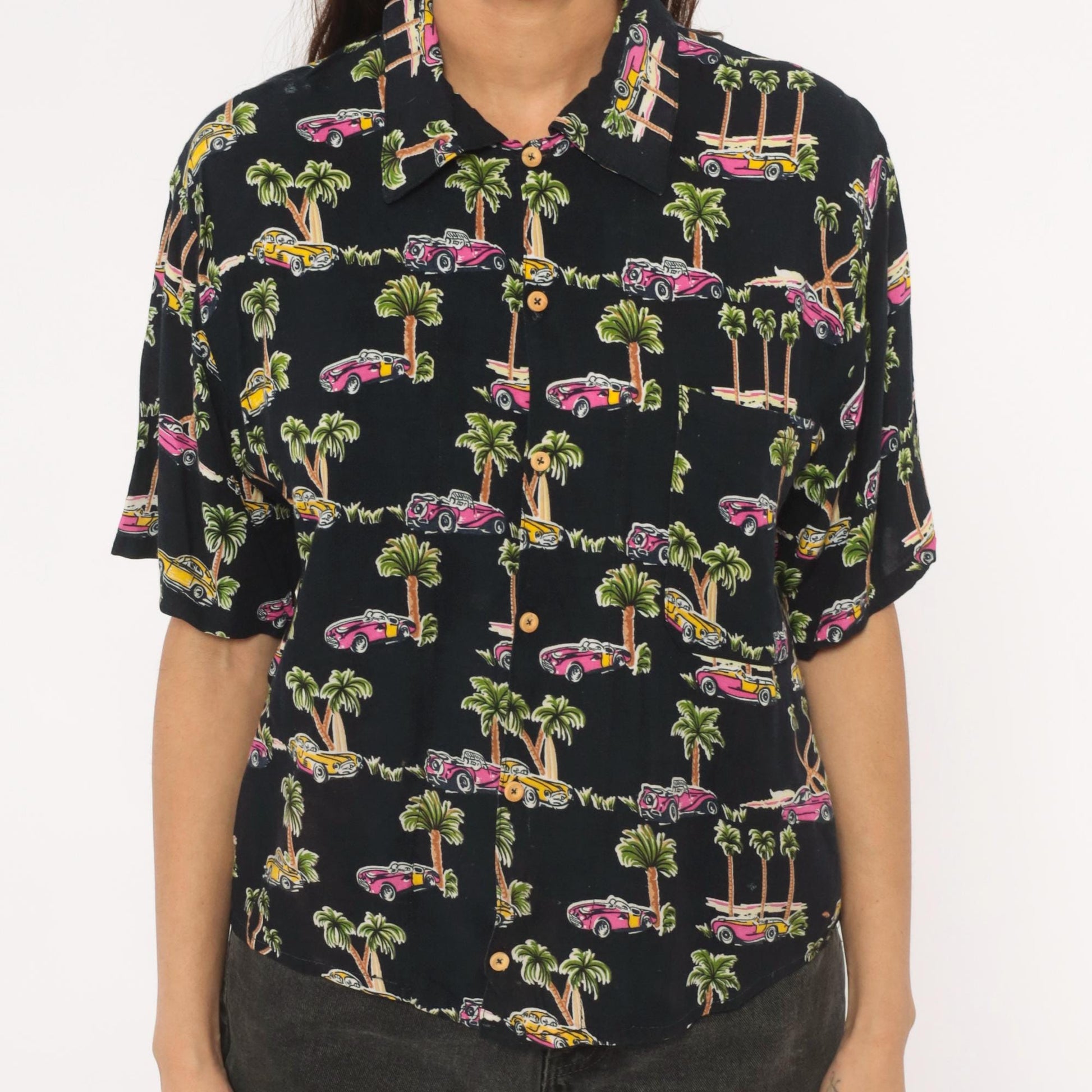 90s Classic Cars Hawaiian Shirt Black Pink Yellow Palm Tree Camp Collar XS