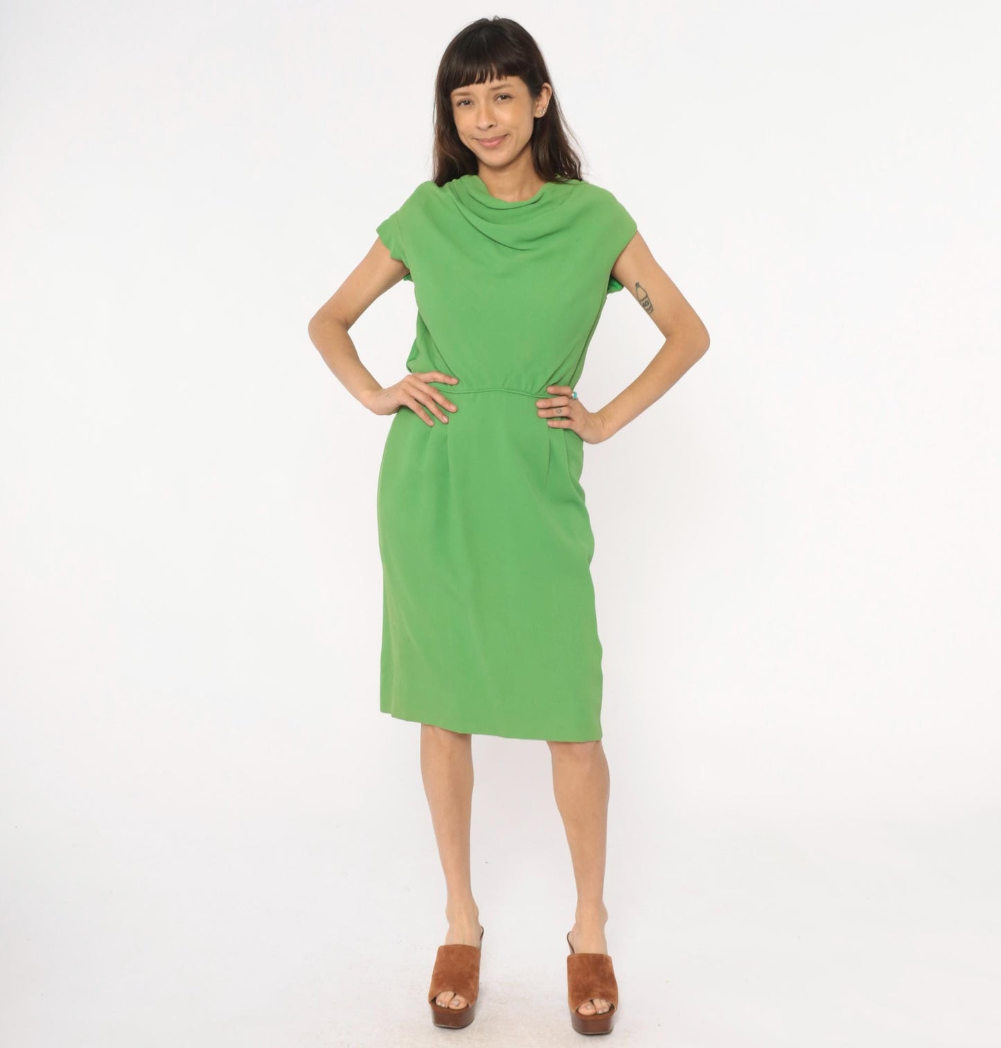 60s Richard Frontman Apple Green Cowl Neck Dress Knee-Length Small