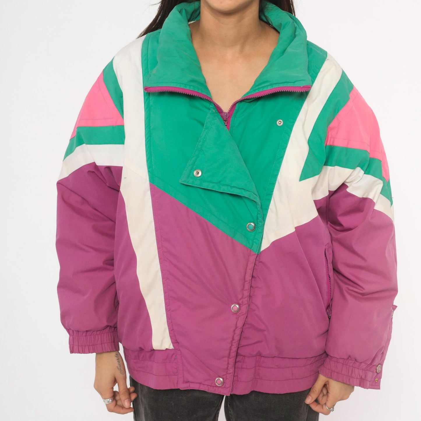90s Kaos Ski Jacket Colorblock Teal Pink Purple Geometric Puffer Large L