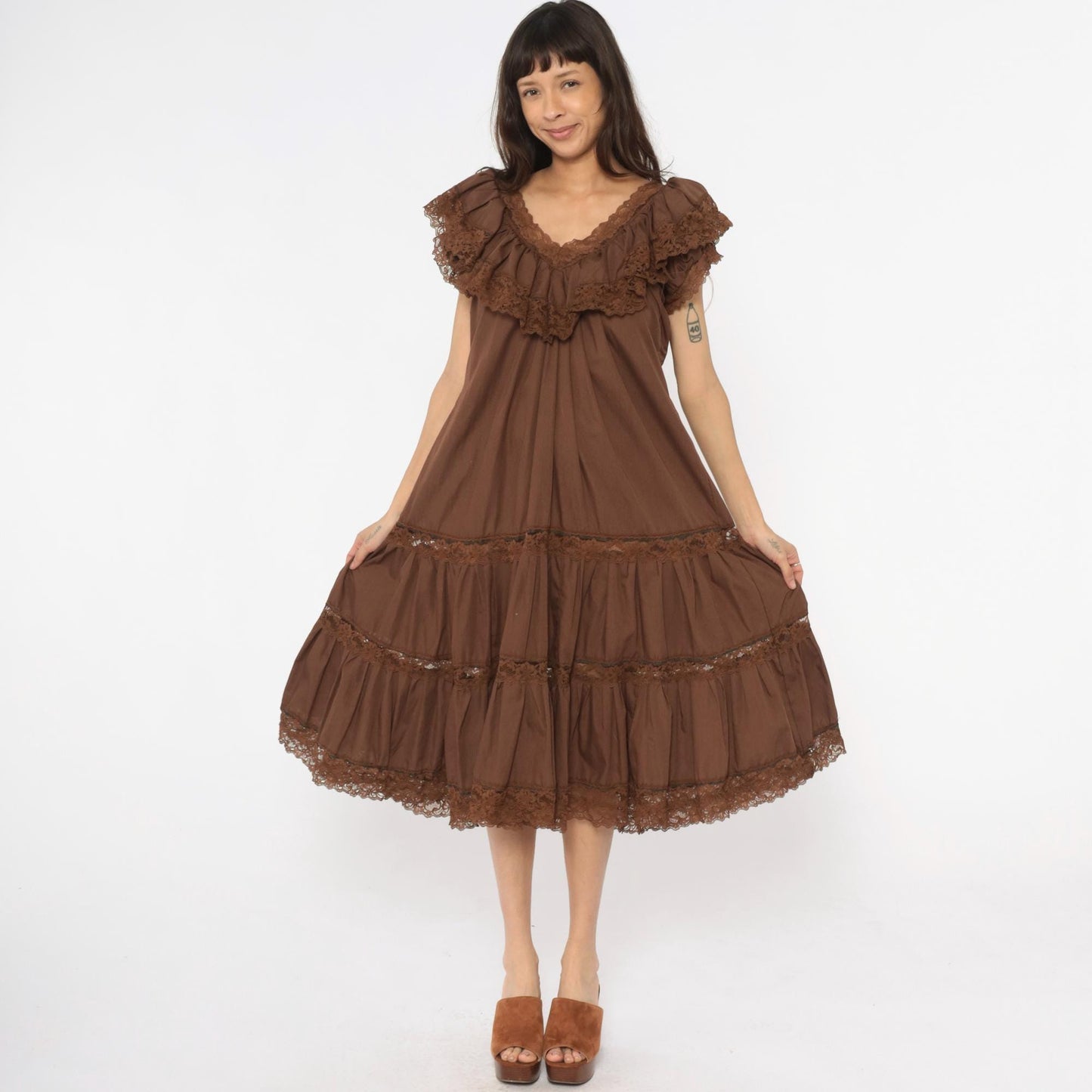 80s Brown Tiered Prairie Dress Lace Trim Cap Sleeve Midi Medium Large