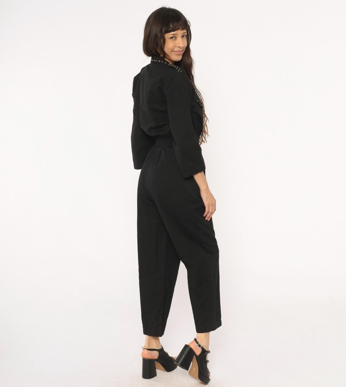 90s D Frank Black Cotton Jumpsuit Rhinestone V-Neck Wide Leg Small S
