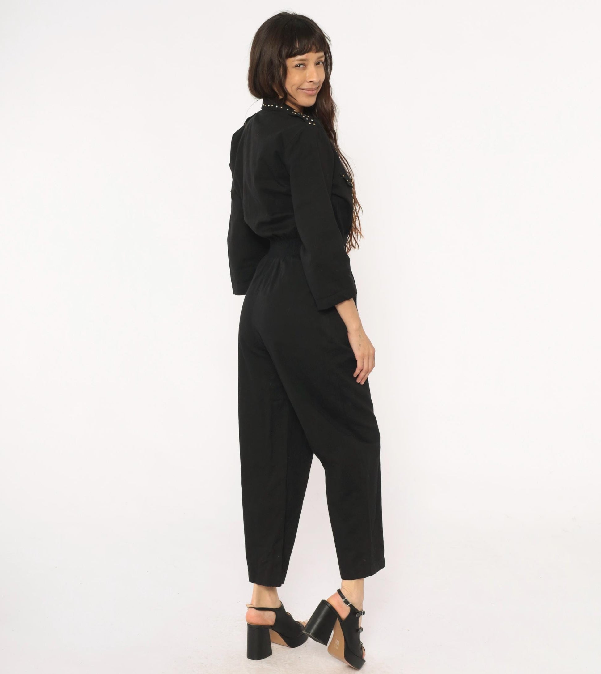 90s D Frank Black Cotton Jumpsuit Rhinestone V-Neck Wide Leg Small S