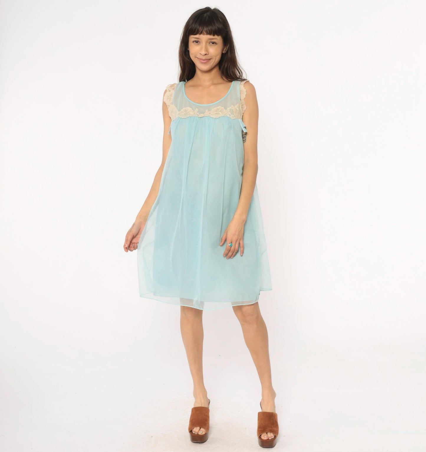 70s Aqua Babydoll Nightgown Sheer Lace Empire Waist Negligee Medium