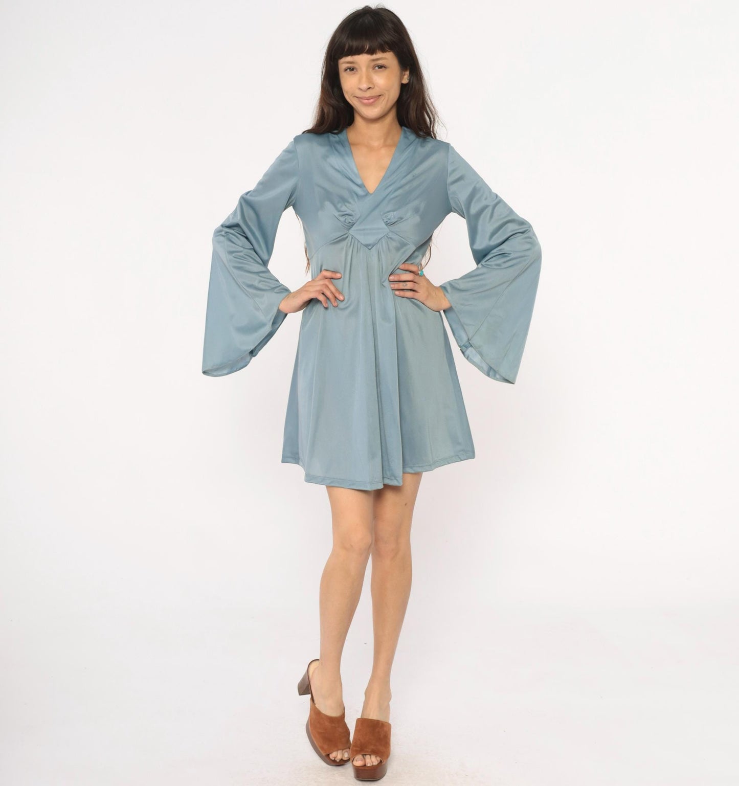 70s Powder Blue Mini Dress Bell Sleeve V Neck Empire Waist Medium M