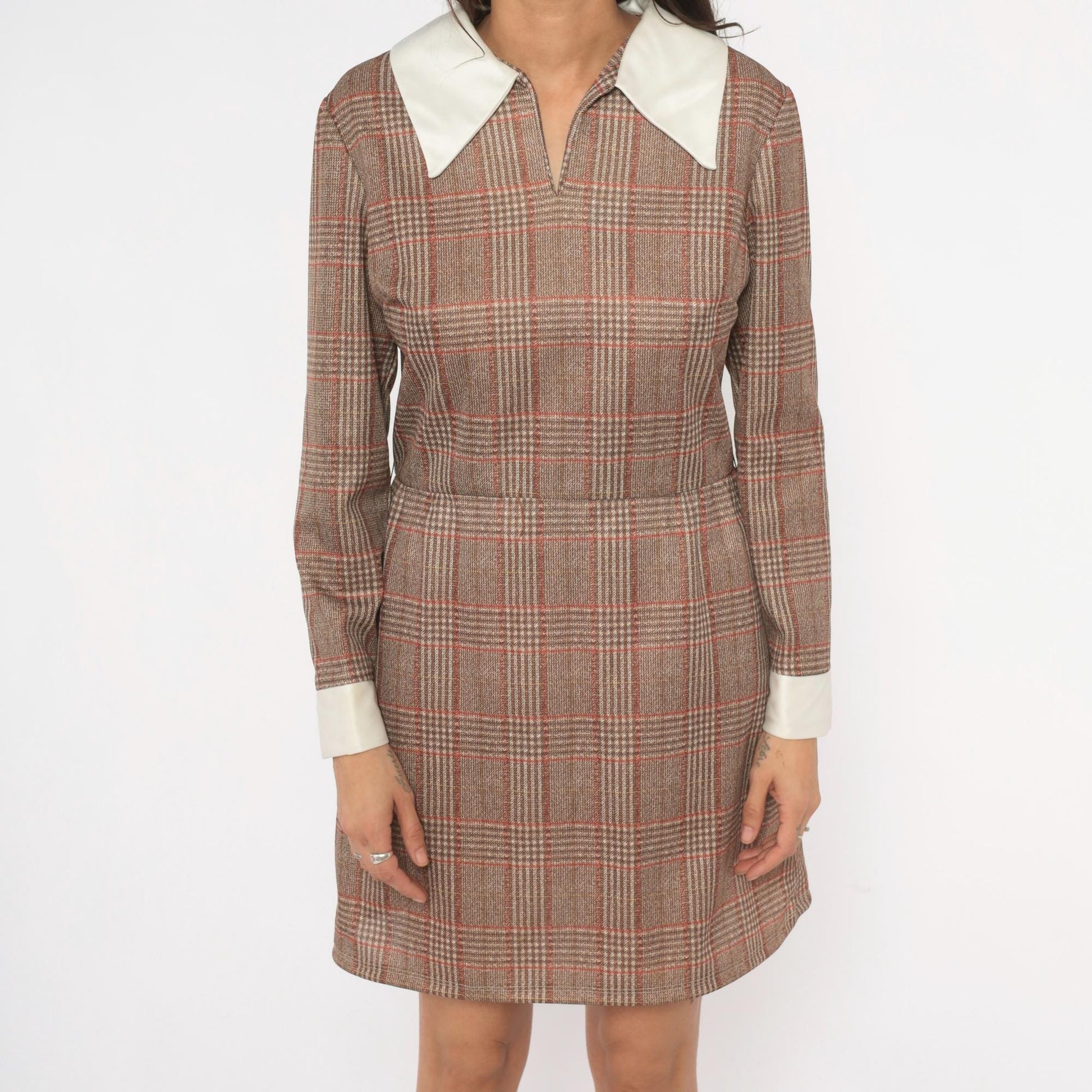 70s Glen Plaid Mini Dress Tan Rust Brown Pointed Collar Long Sleeve Medium M