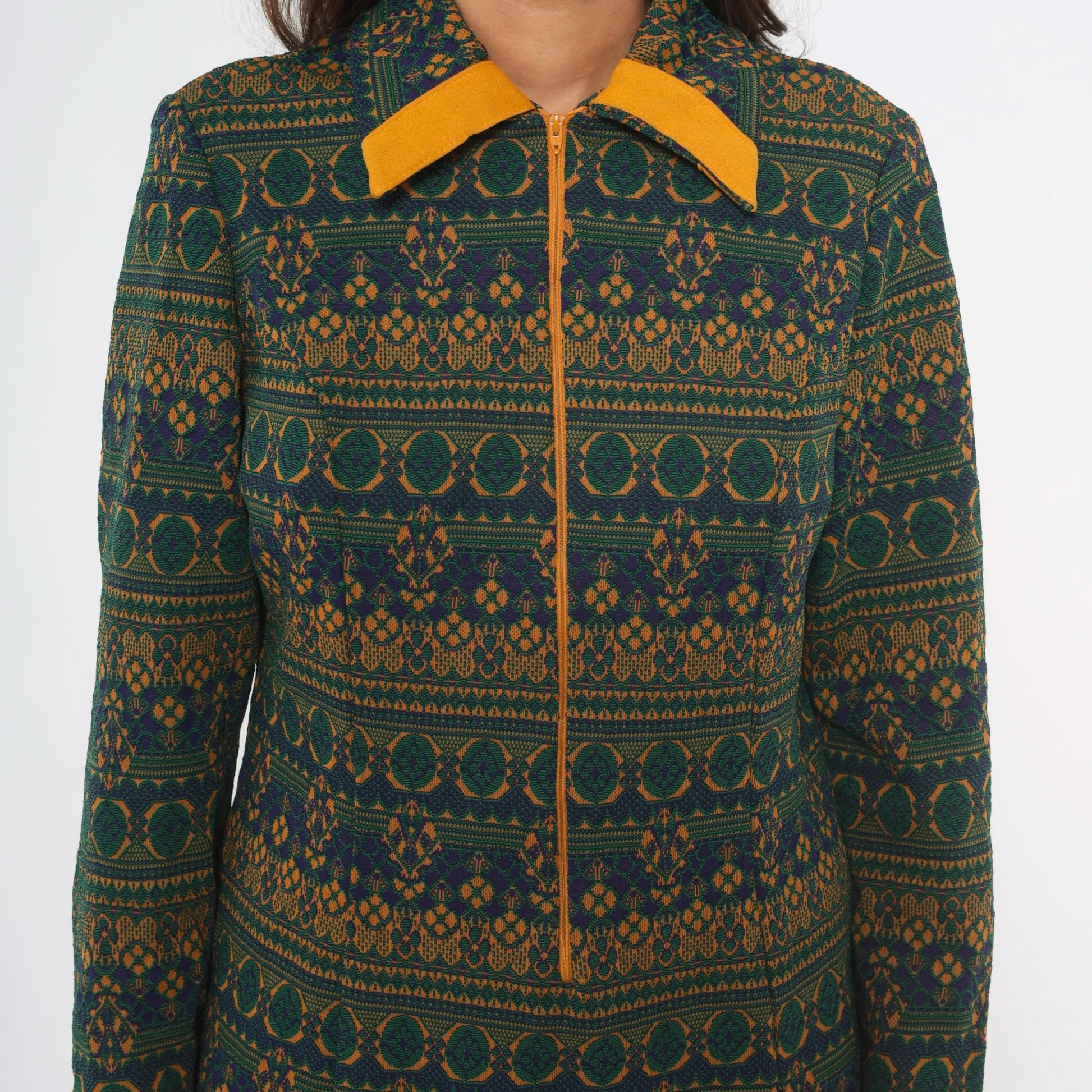 70s NPC Fashions Tapestry Mini Dress Forest Green Gold Jacquard Zip Collar Large L