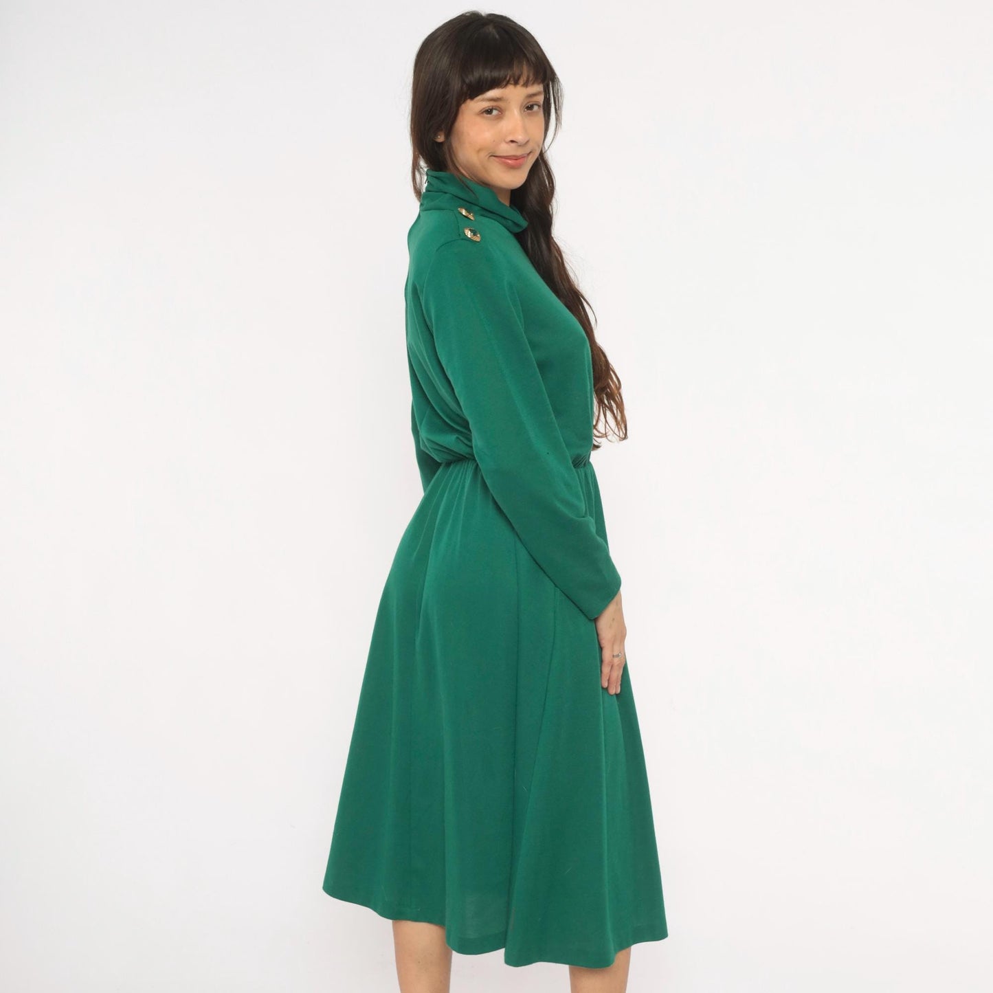 80s Impromptu Emerald Cowl Neck Midi Dress Gold Button Long Sleeve Large L