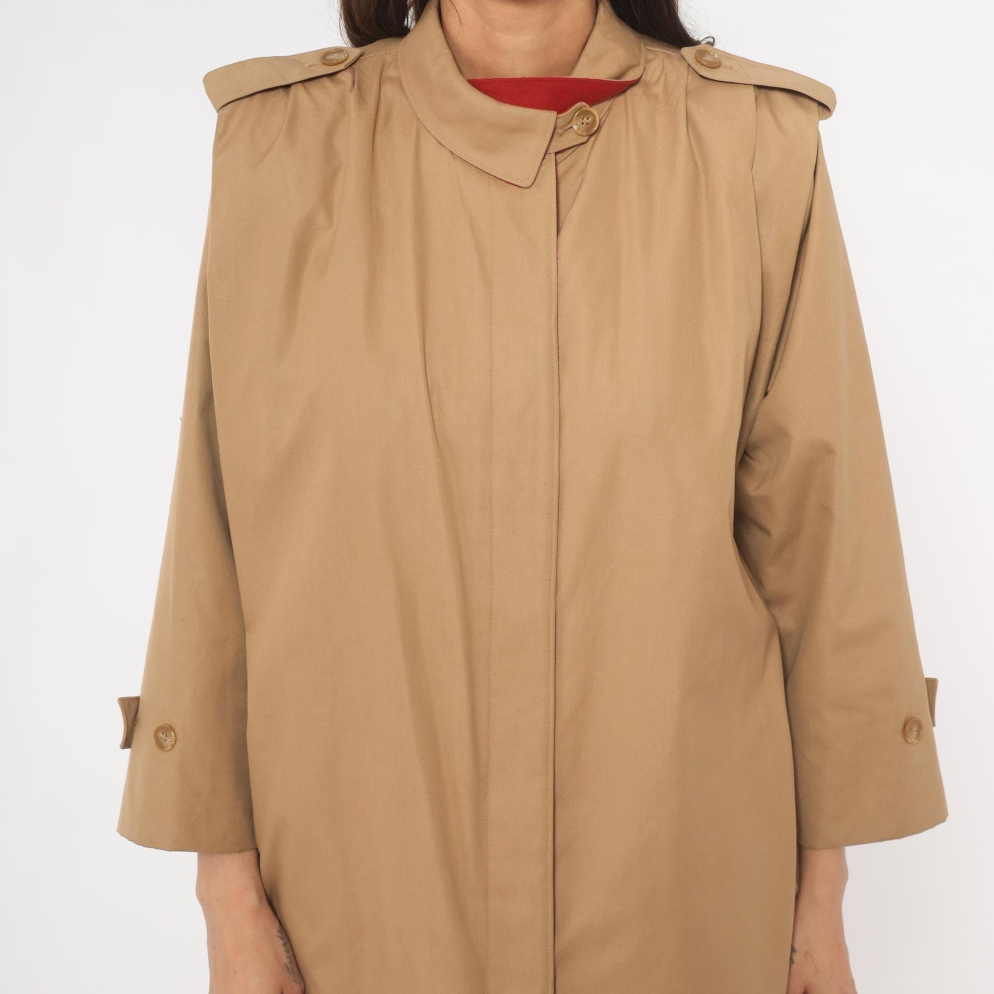 80s Tan Trench Coat Red Lined Button Front Epaulette Knee Length Large L