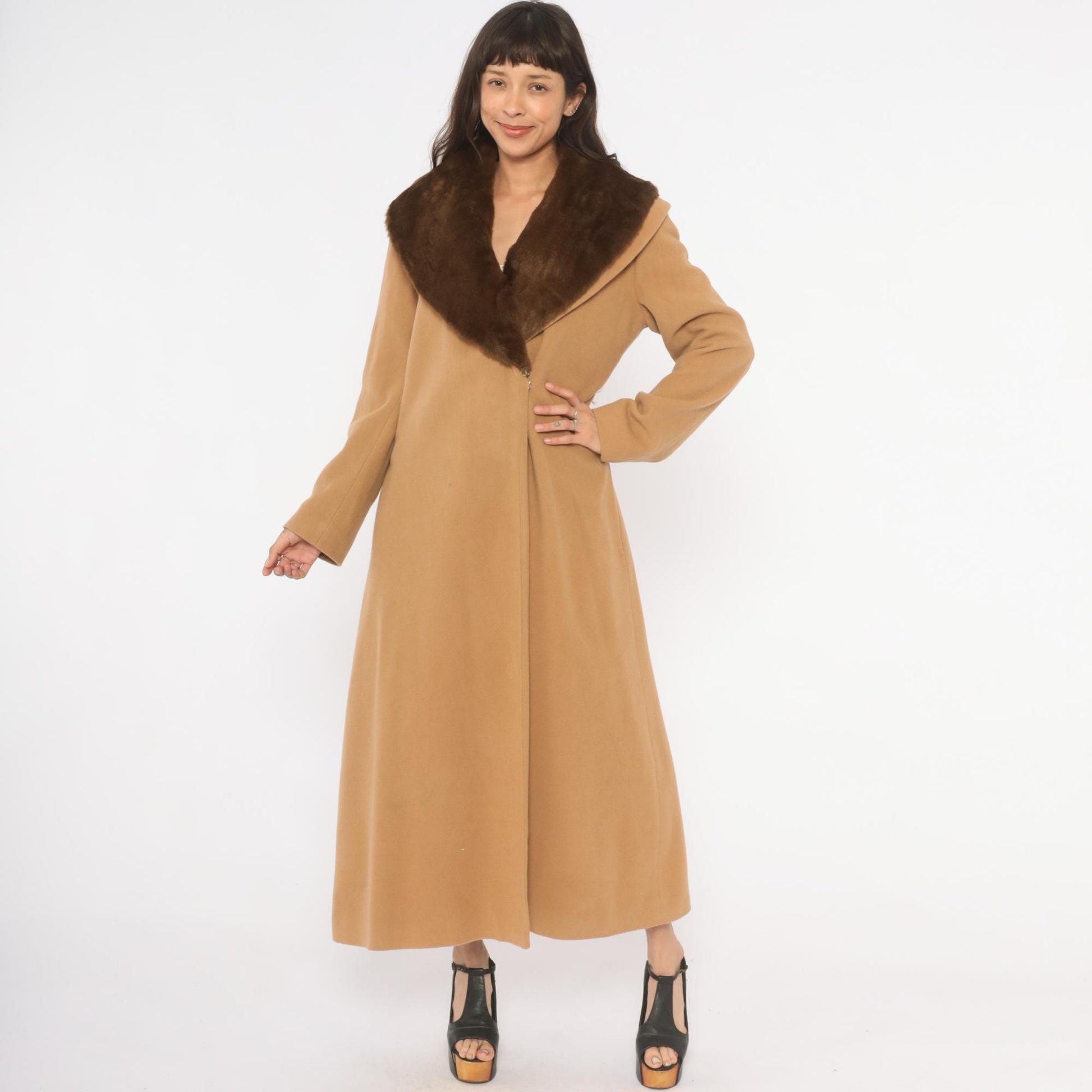 90s Spiegel Wool Cashmere Camel Coat Fur Collar Ankle Length Tan Medium M