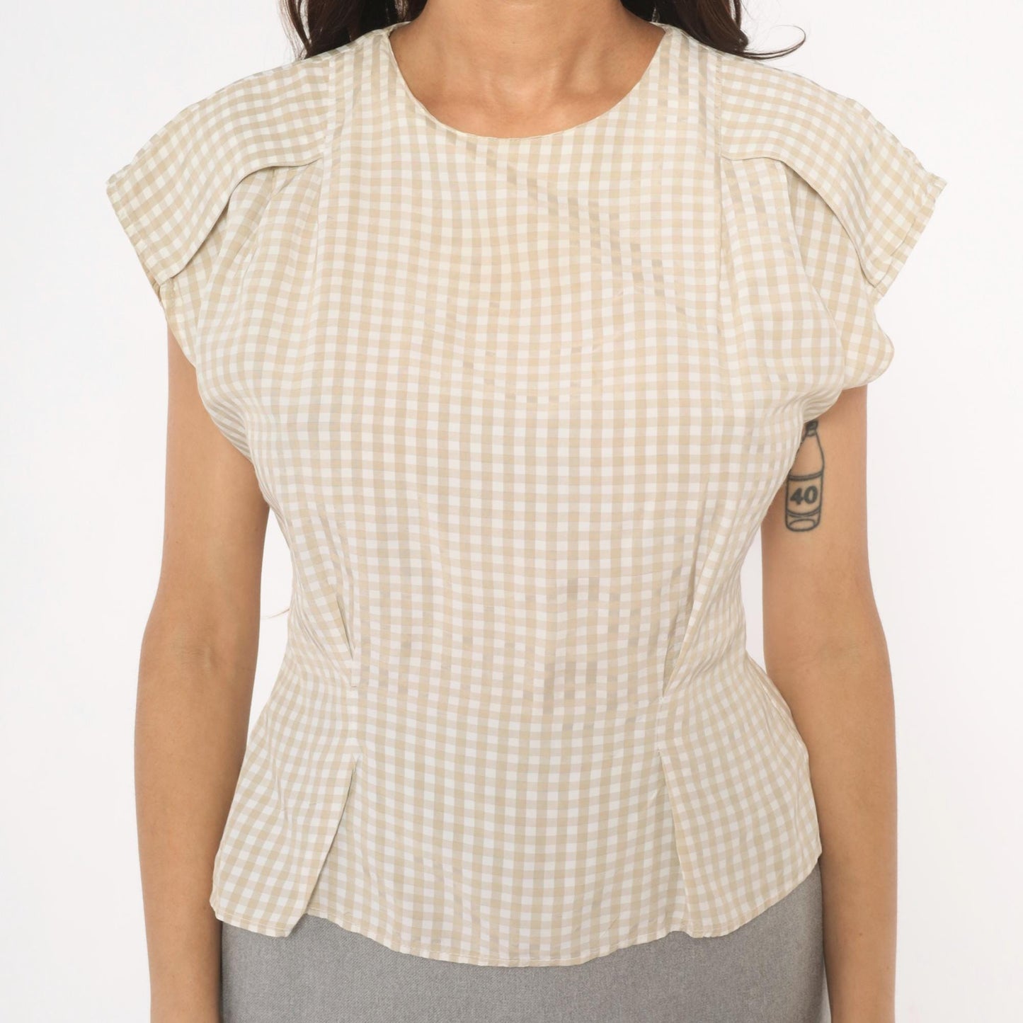 80s Componix Gingham Cap Sleeve Blouse Tan White Pintuck Peplum Medium