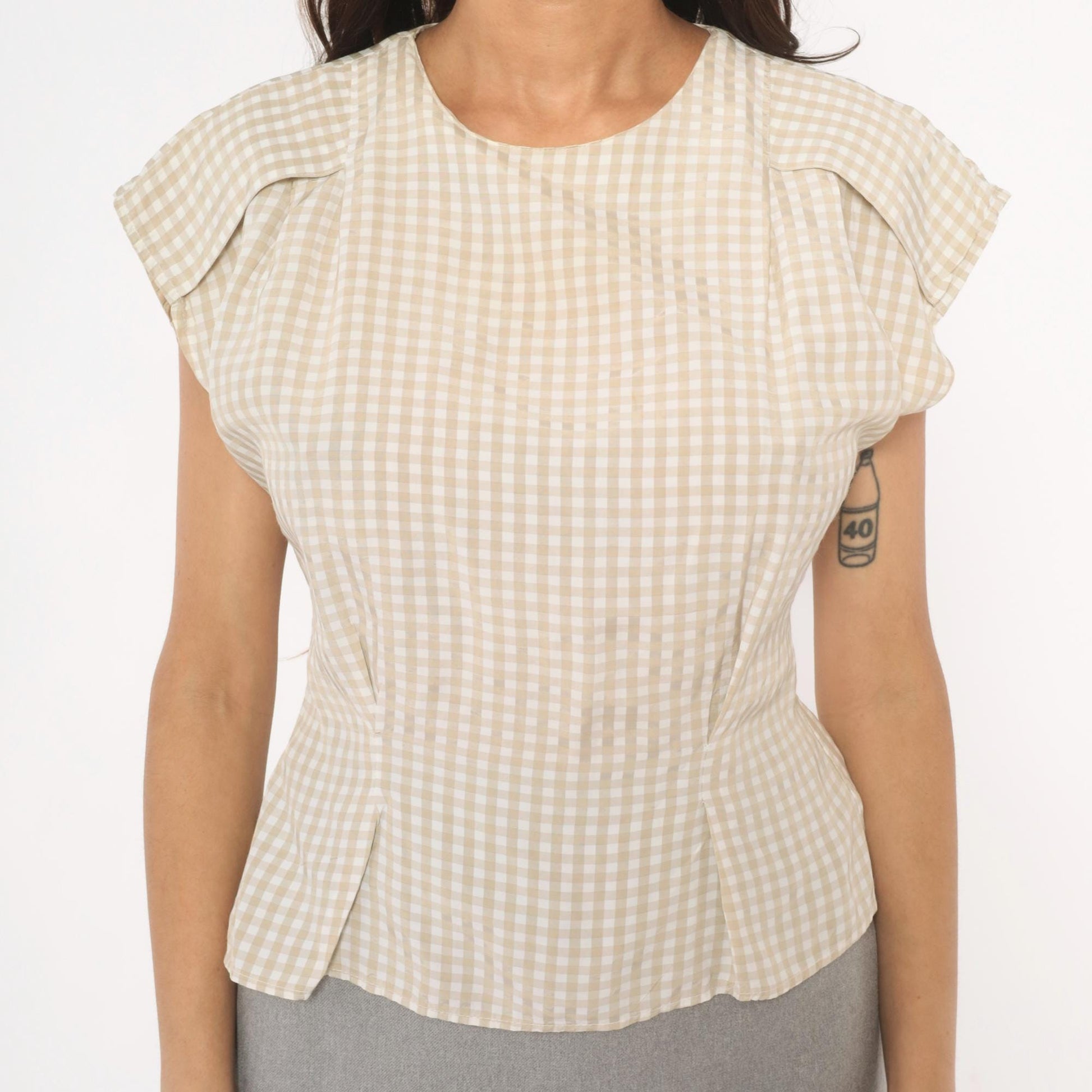 80s Componix Gingham Cap Sleeve Blouse Tan White Pintuck Peplum Medium