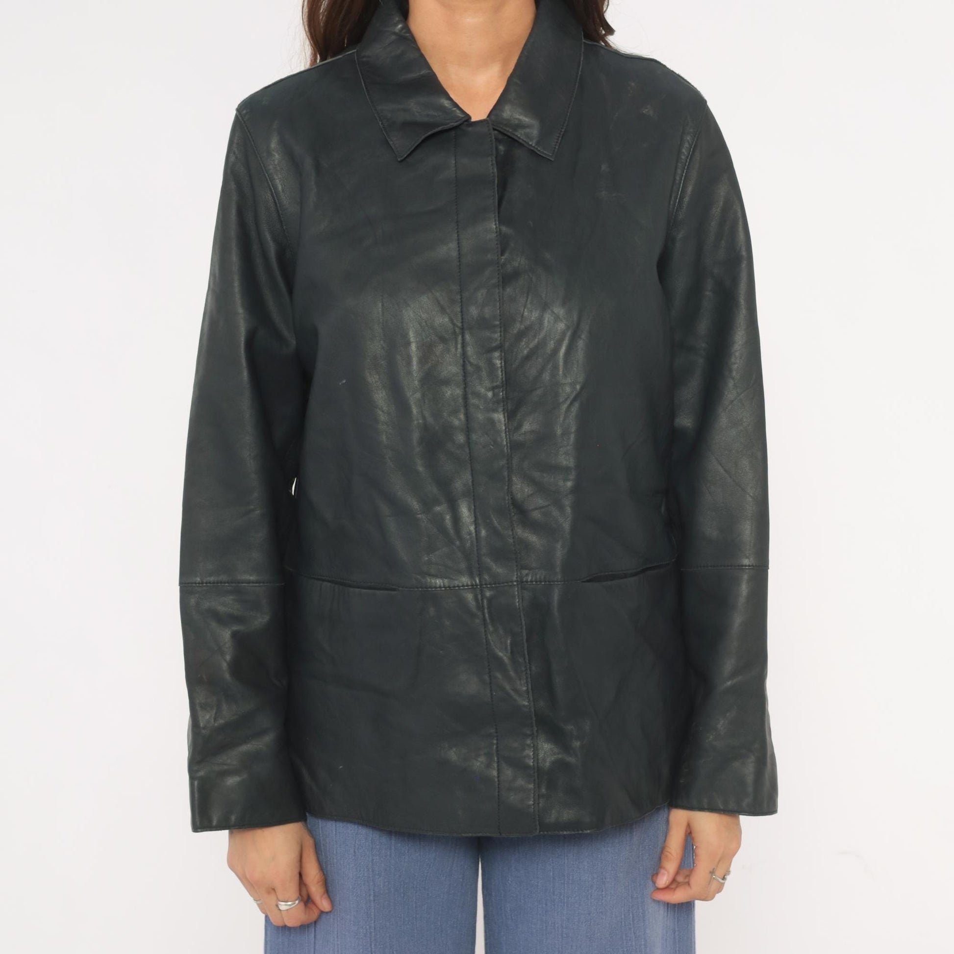 90s Katherine Kelly Black Lambskin Leather Jacket Button Front Large L
