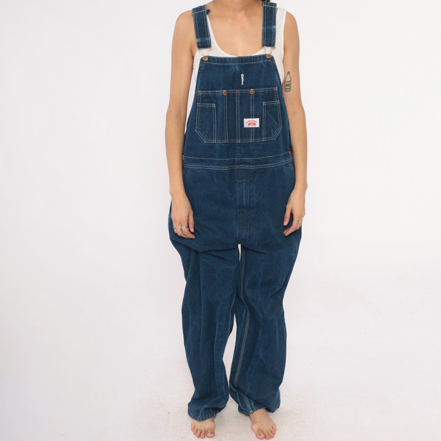 Y2K Roundhouse Dark Blue Denim Overalls Carpenter Workwear Cotton Extra Large