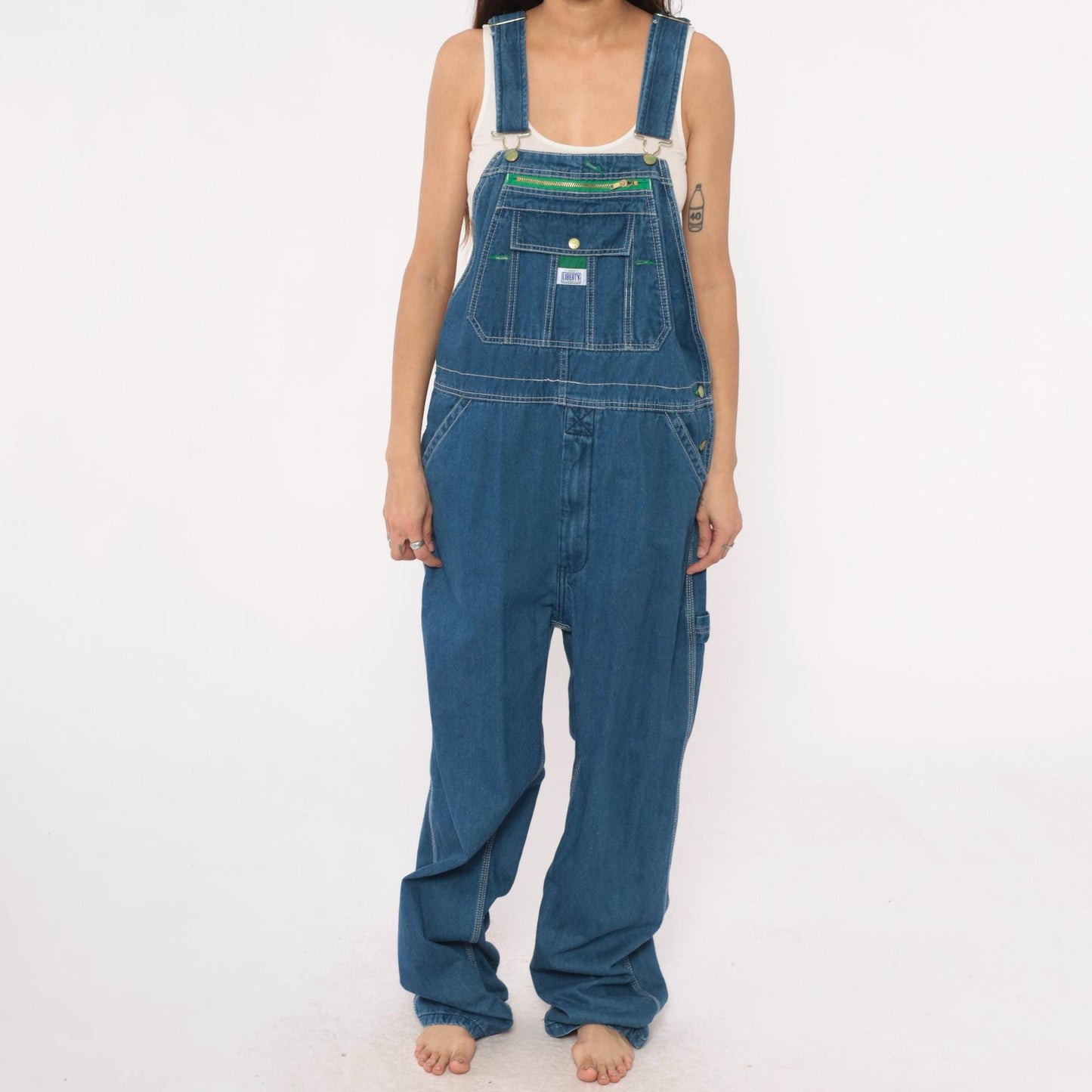 Y2K Liberty Medium Blue Denim Overalls Green Trim Zippered Bib Extra Large