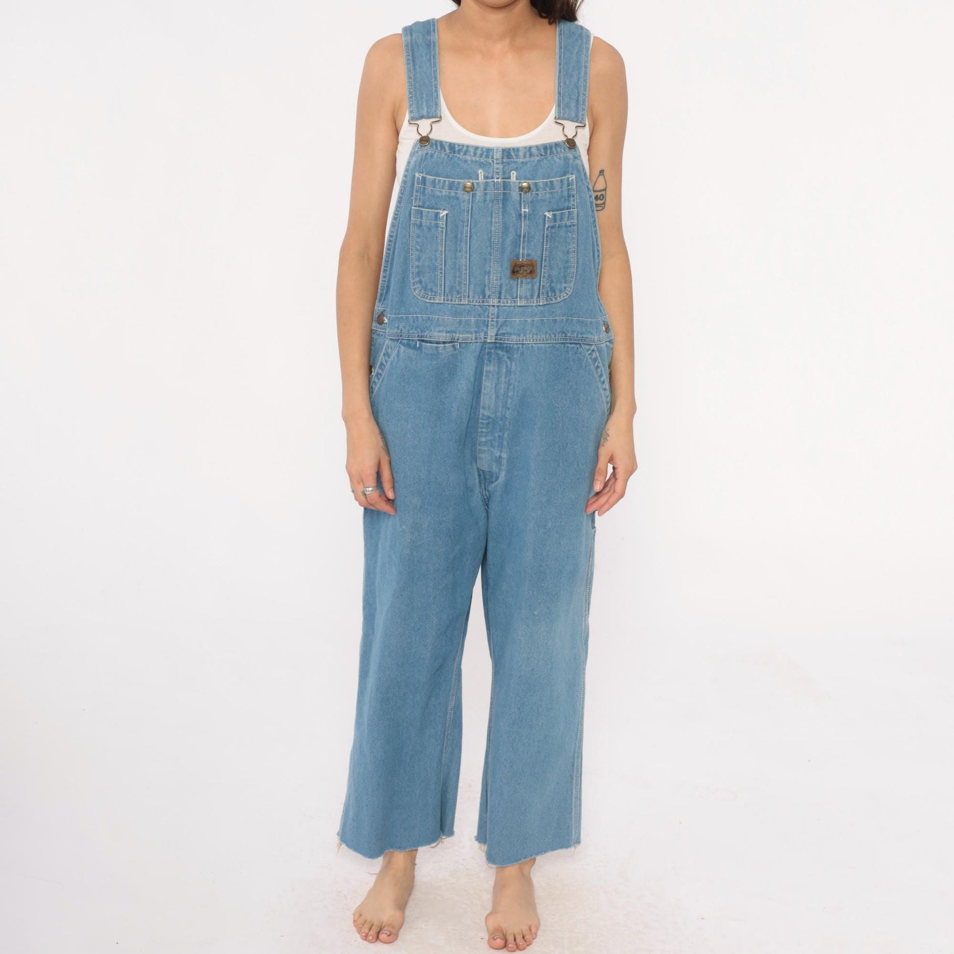 Y2K Big Smith Light Wash Denim Overalls Wide Leg Frayed Hem Medium