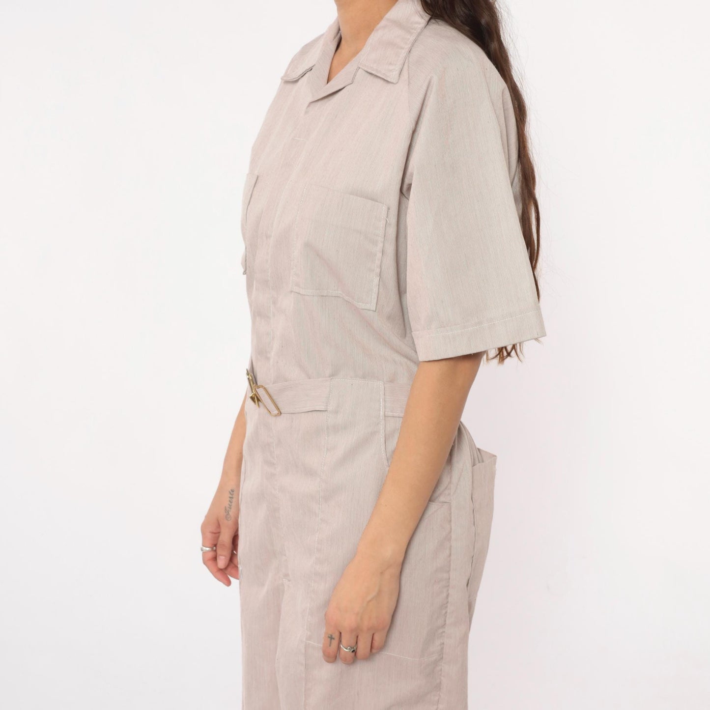 80s Beige Jumpsuit Belted Collared Utility Workwear Coveralls Medium