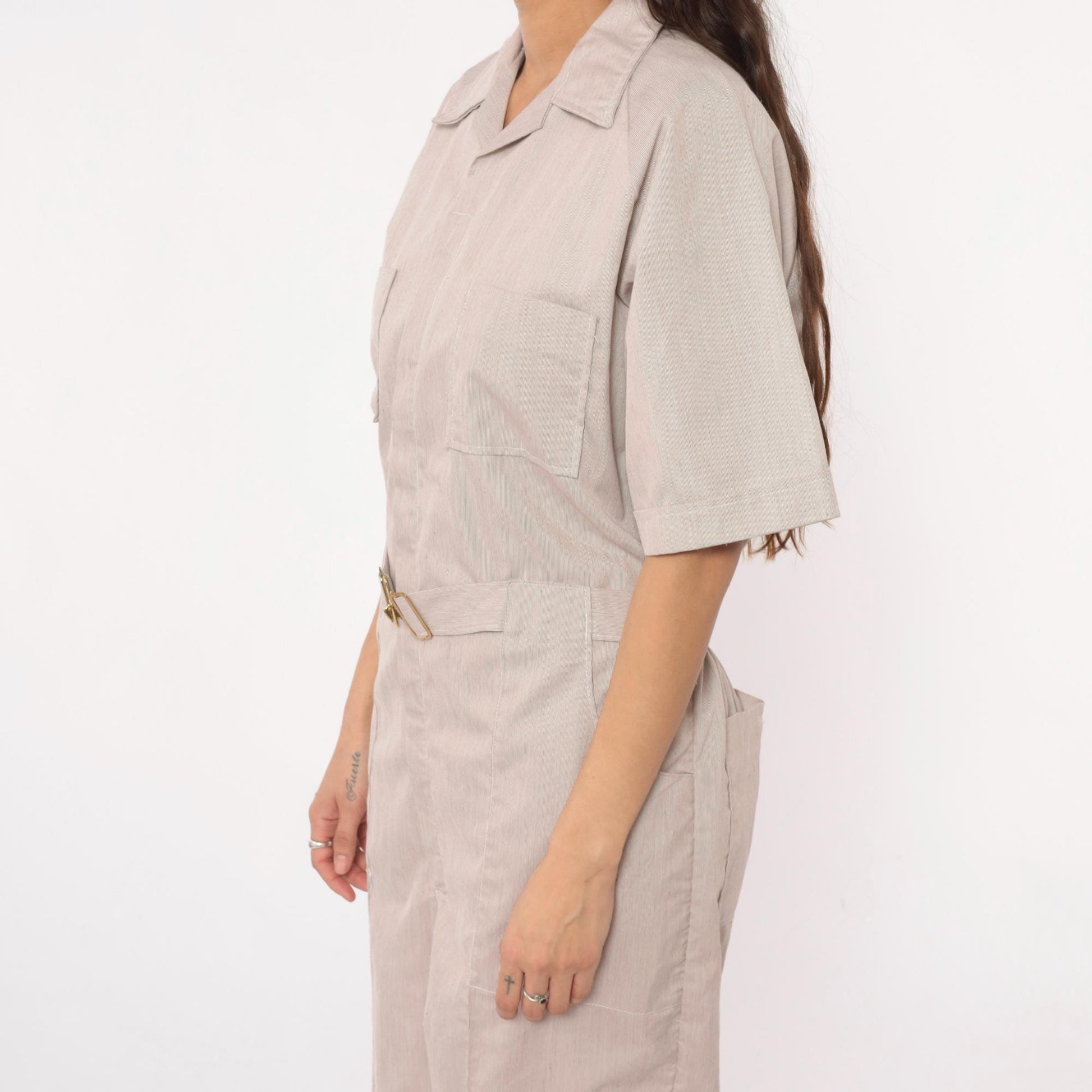 80s Beige Jumpsuit Belted Collared Utility Workwear Coveralls Medium