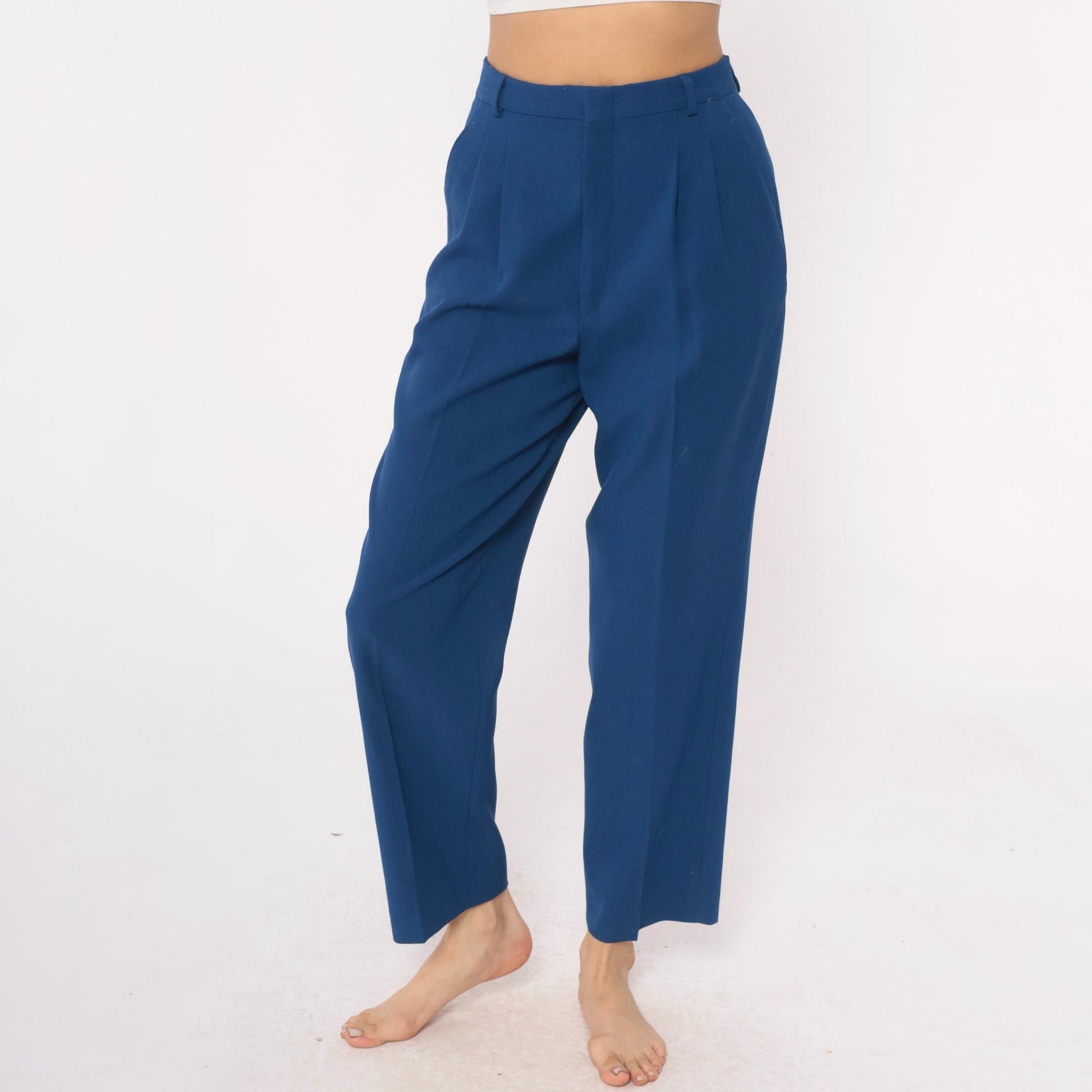 70s Haggar Navy Pleated High-Waist Trousers Ankle Length Medium
