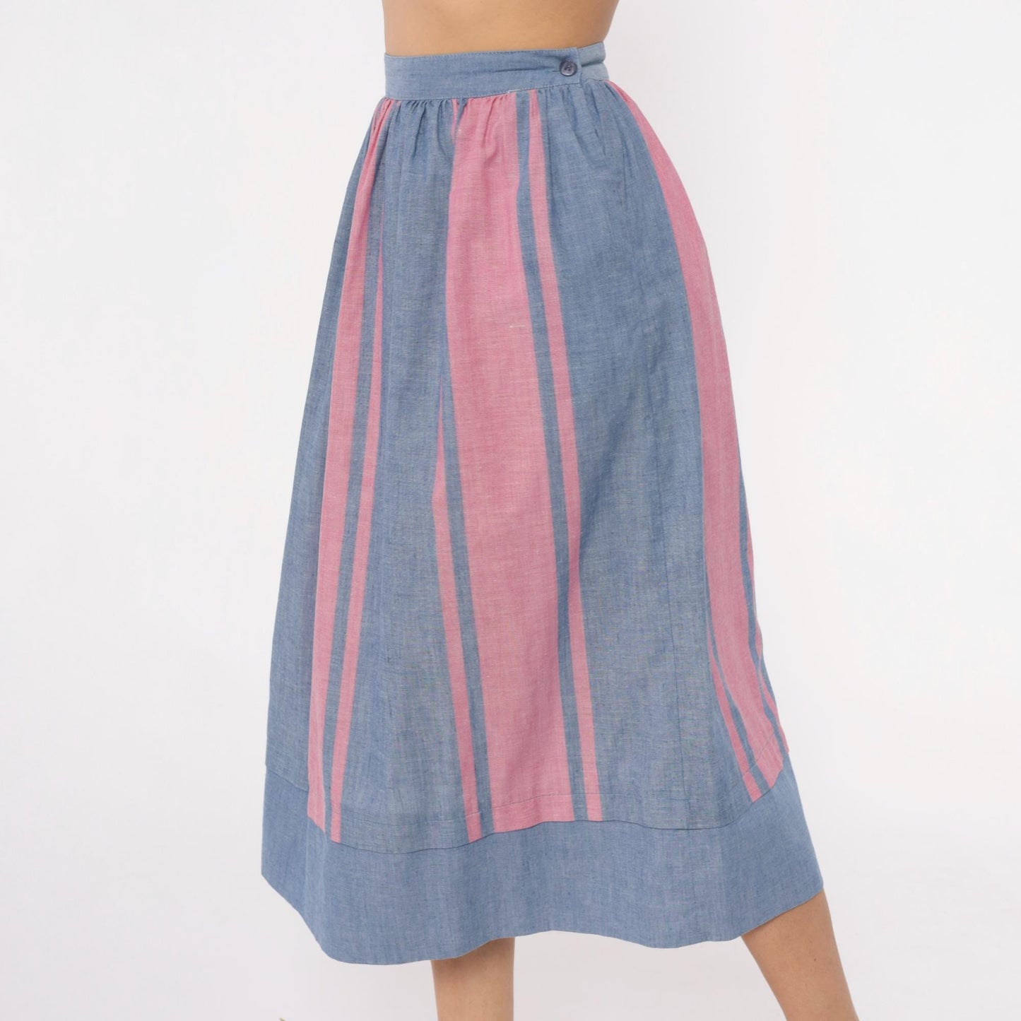 80s Blue Pink Striped Midi Skirt High Waist Gathered Full Skirt Small S