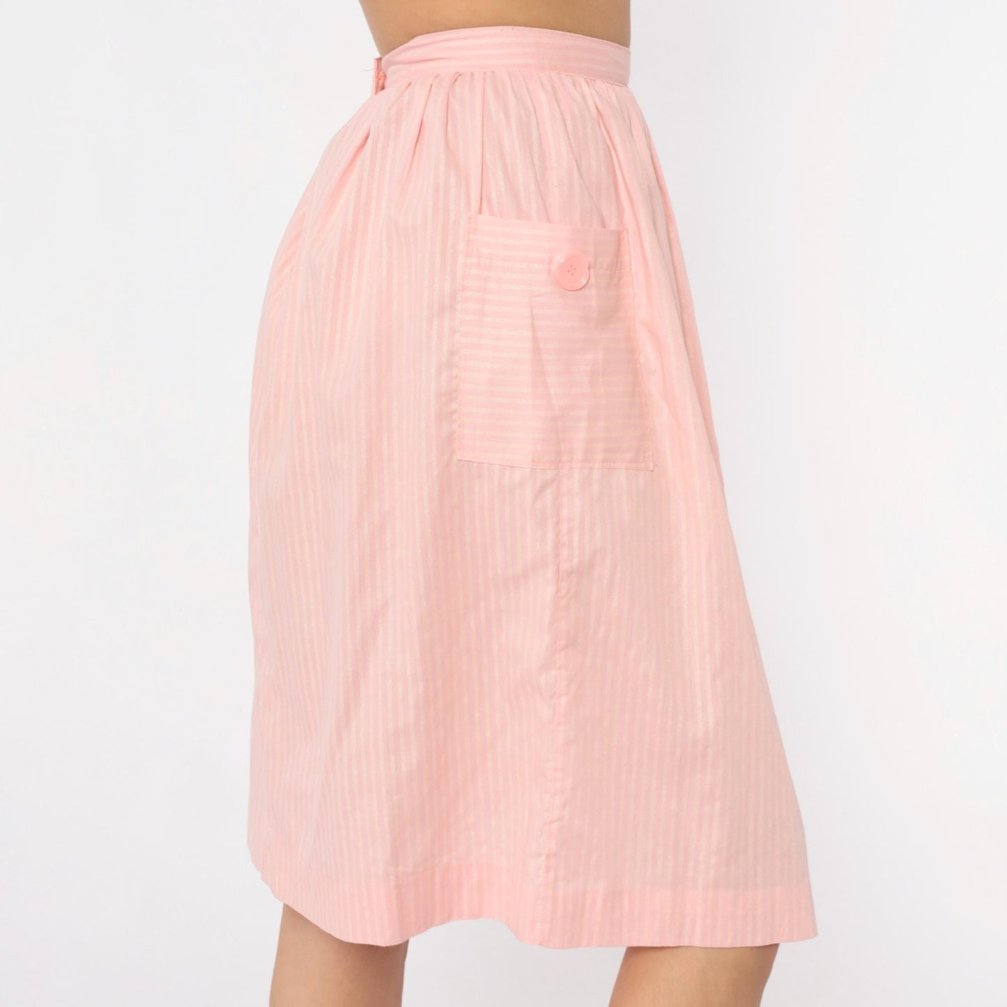 60s Pink Striped Cotton Skirt High Waist Pleated Knee Length Extra Small XS