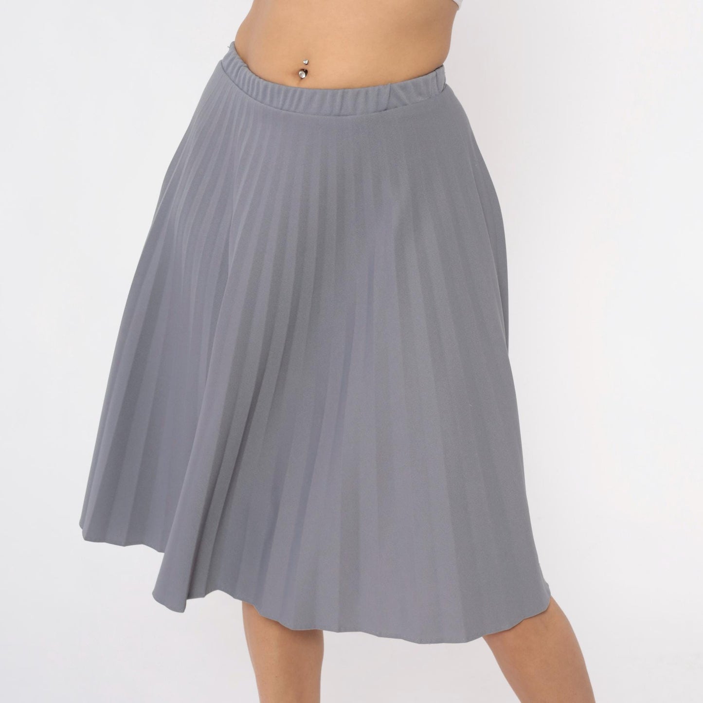 70s Grey Pleated Skirt Elastic Waist Knee-Length A-Line Medium