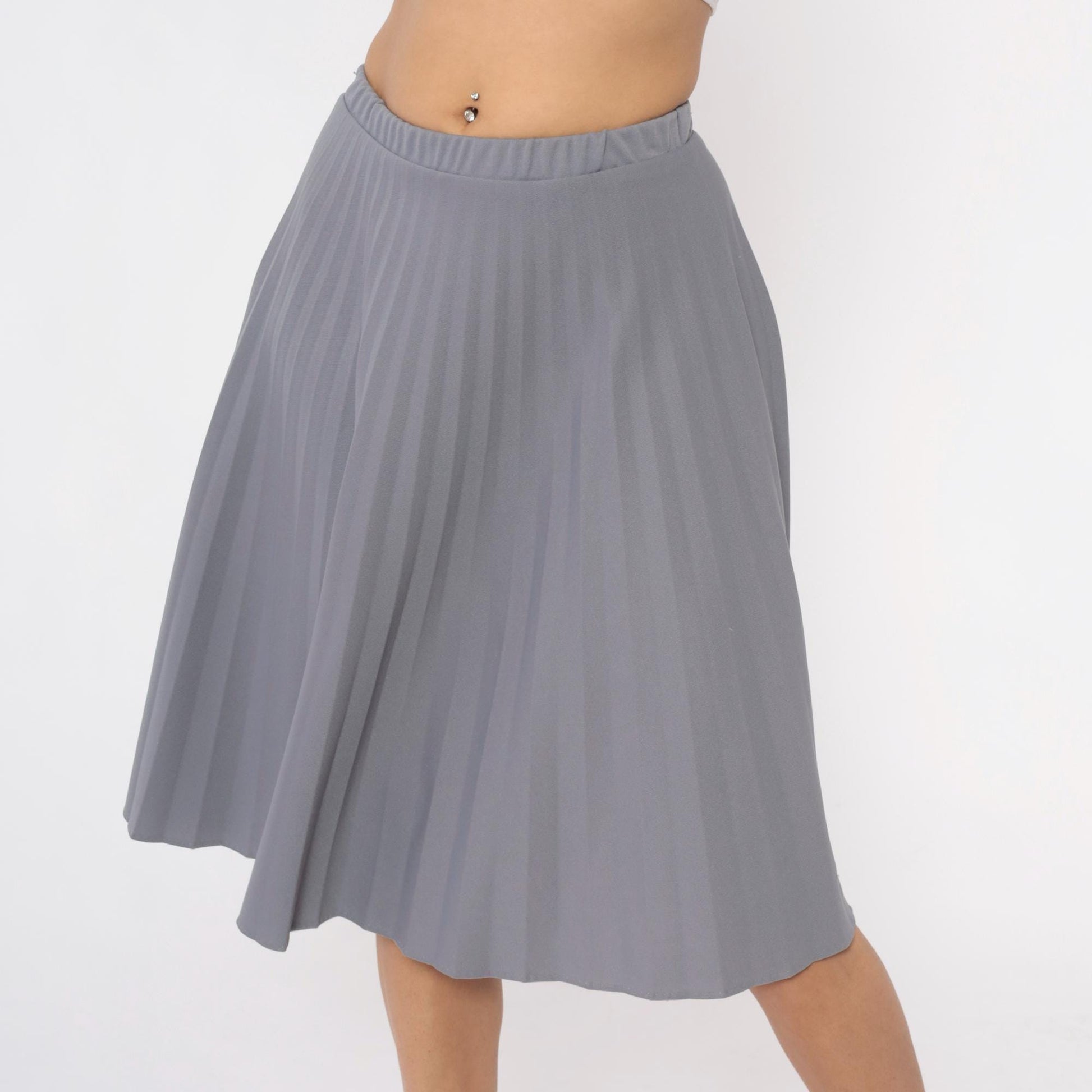 70s Grey Pleated Skirt Elastic Waist Knee-Length A-Line Medium
