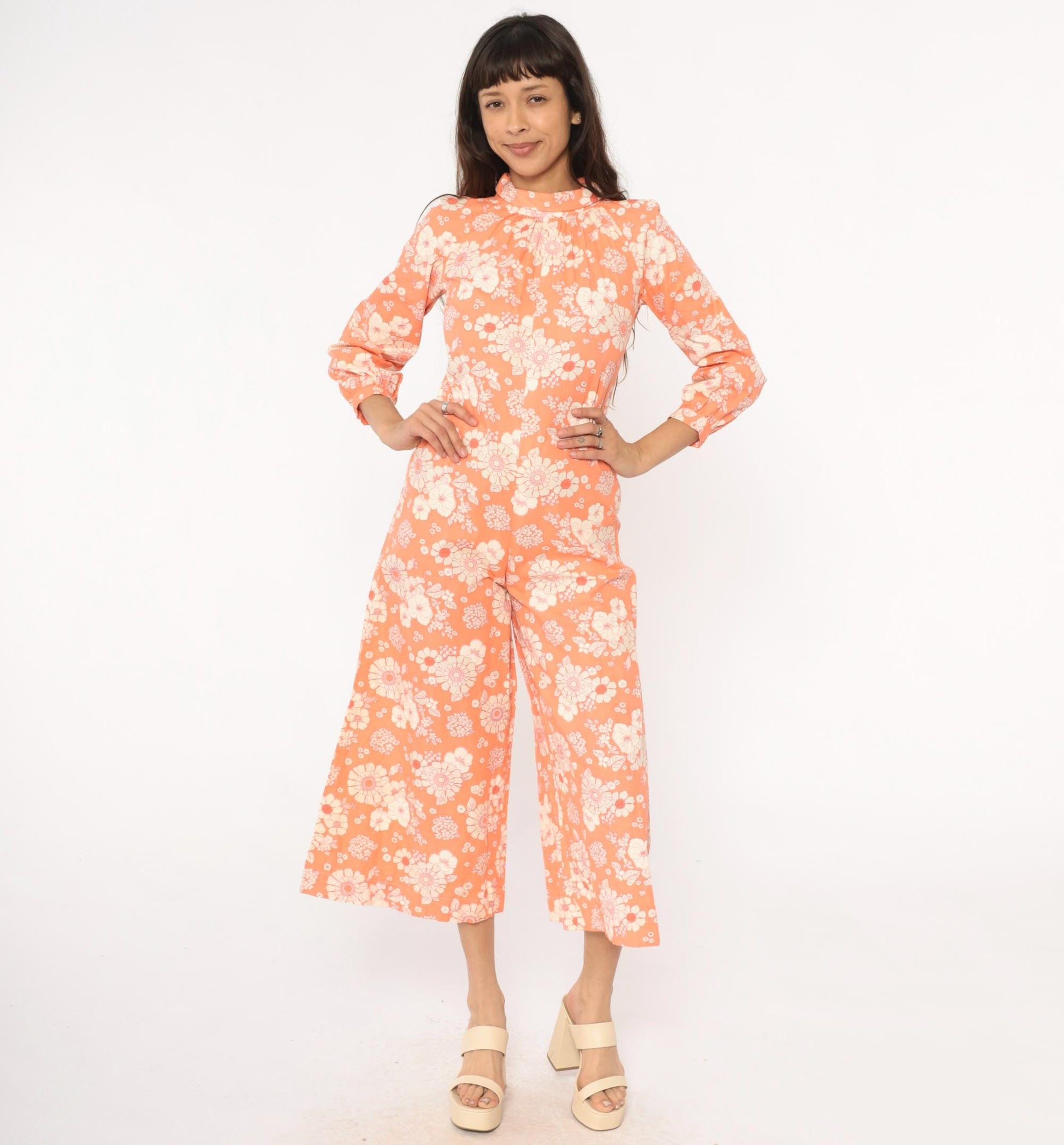 70s Orange Floral Jumpsuit Mock Neck Wide Leg Cream White Cotton Small