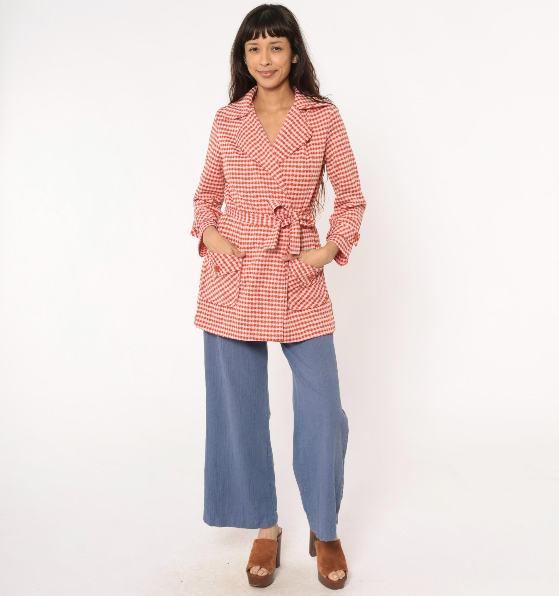 70s Houndstooth Wrap Jacket Red White Checkered Collared Blazer Medium